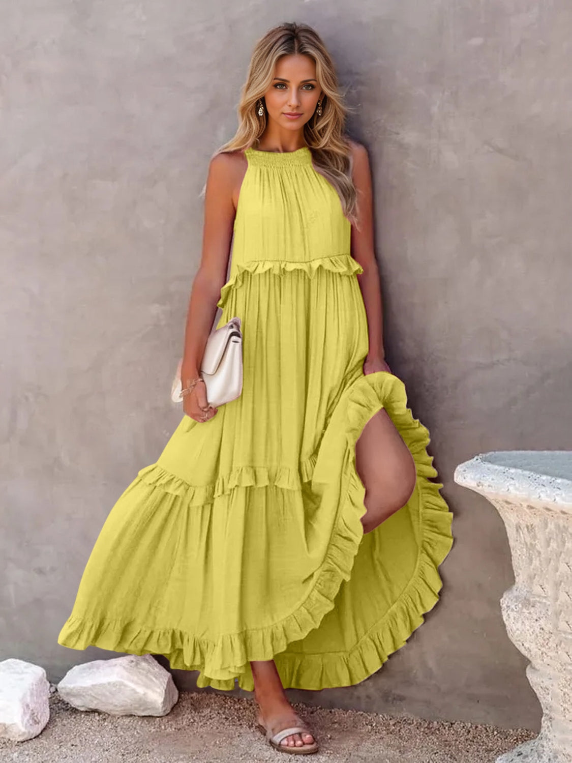 Thunder Chick Fitness Ruffled Sleeveless Tiered Maxi Dress with Pockets