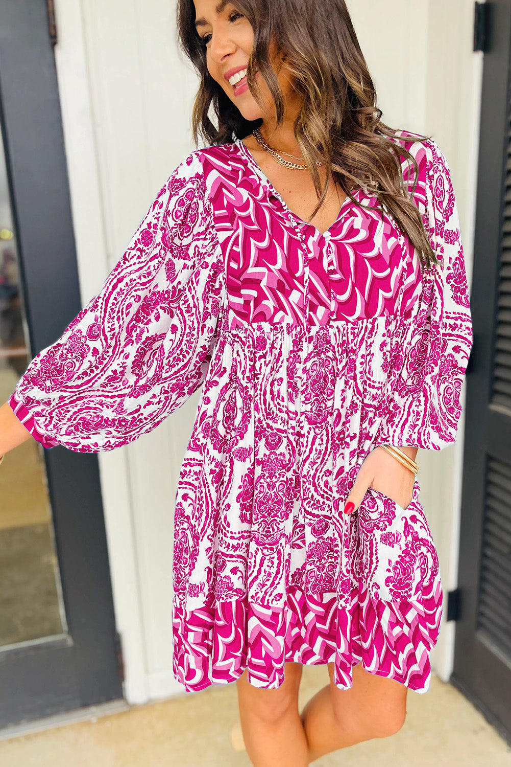 Pink Bohemian Print Puff Sleeve Tied V Neck Flared Mini Dress