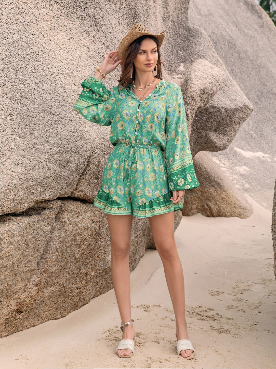 Thunder Chick Fitness Printed Ruffled Balloon Sleeve Romper