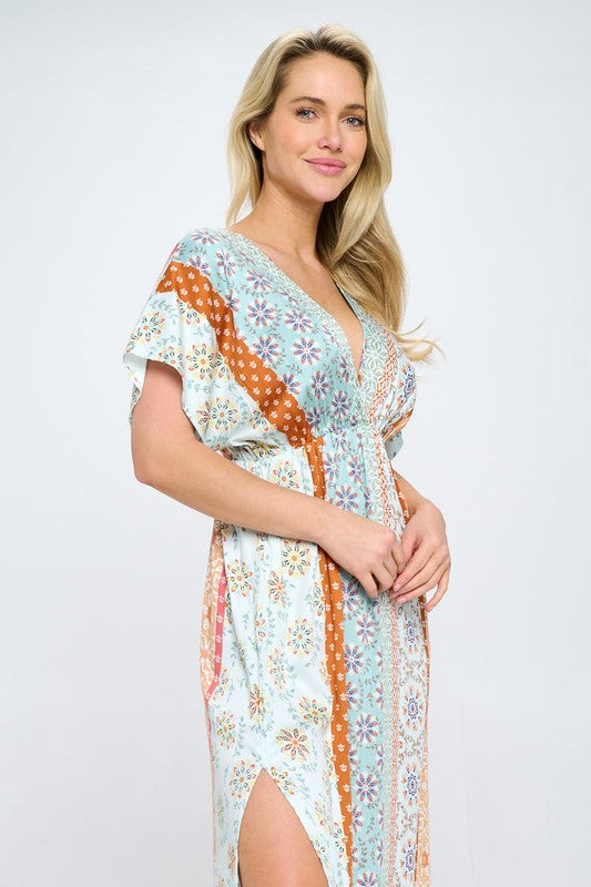 Thunder Chick Fitness Boho Print Kimono Maxi Dress with Side Slit