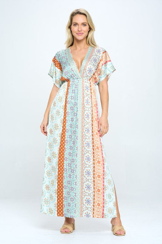 Thunder Chick Fitness Boho Print Kimono Maxi Dress with Side Slit