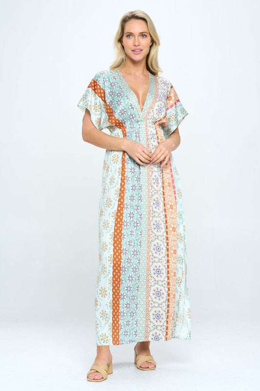 Thunder Chick Fitness Boho Print Kimono Maxi Dress with Side Slit