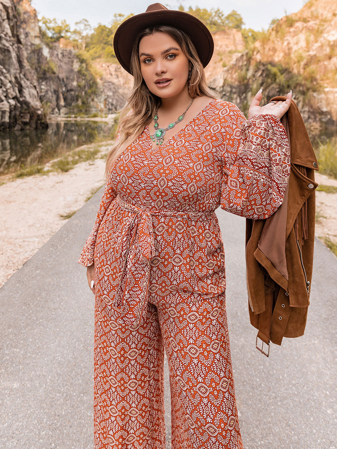 Thunder Chick Fitness Plus Size Printed V-Neck Tie Front Balloon Sleeve Jumpsuit