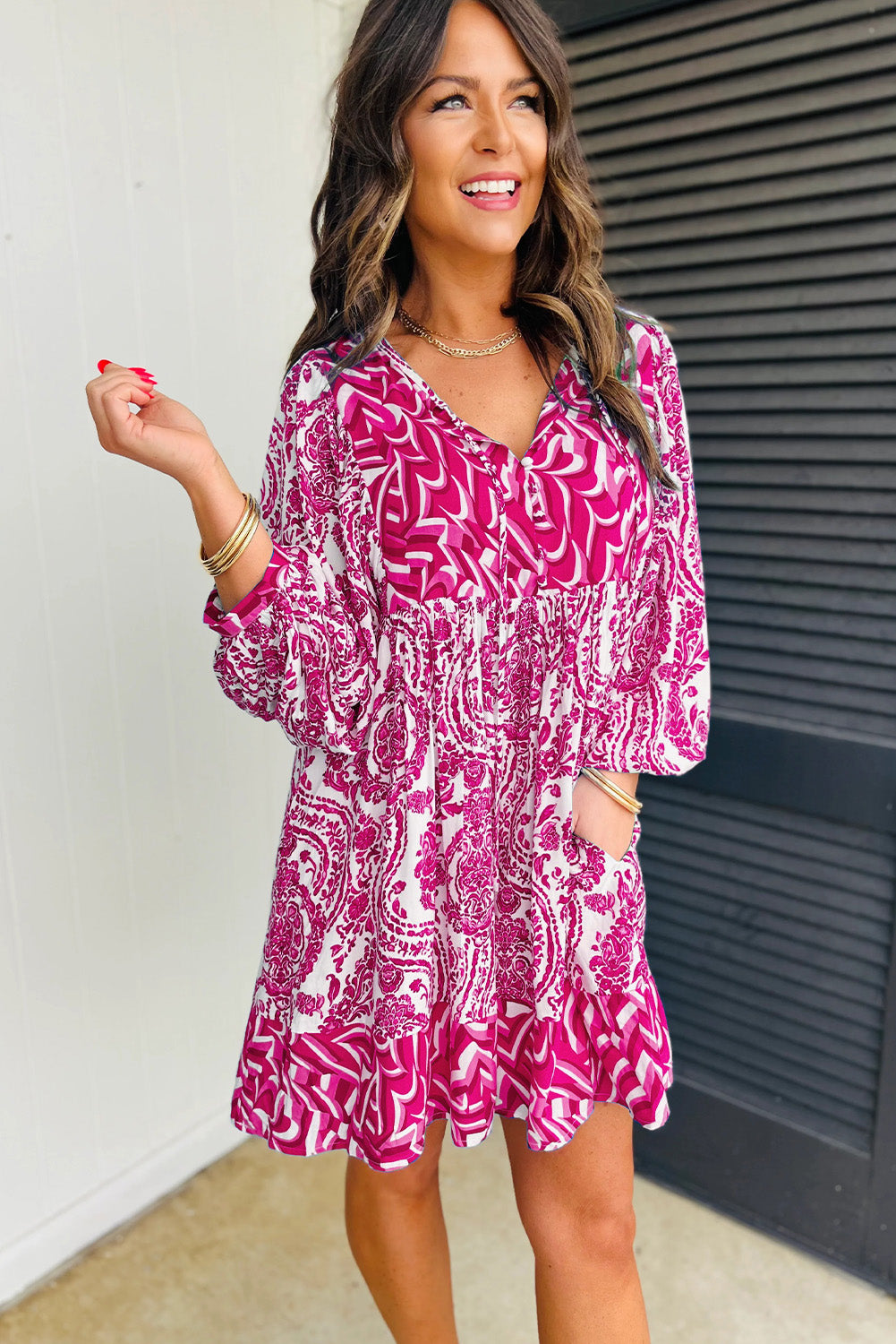 Pink Bohemian Print Puff Sleeve Tied V Neck Flared Mini Dress