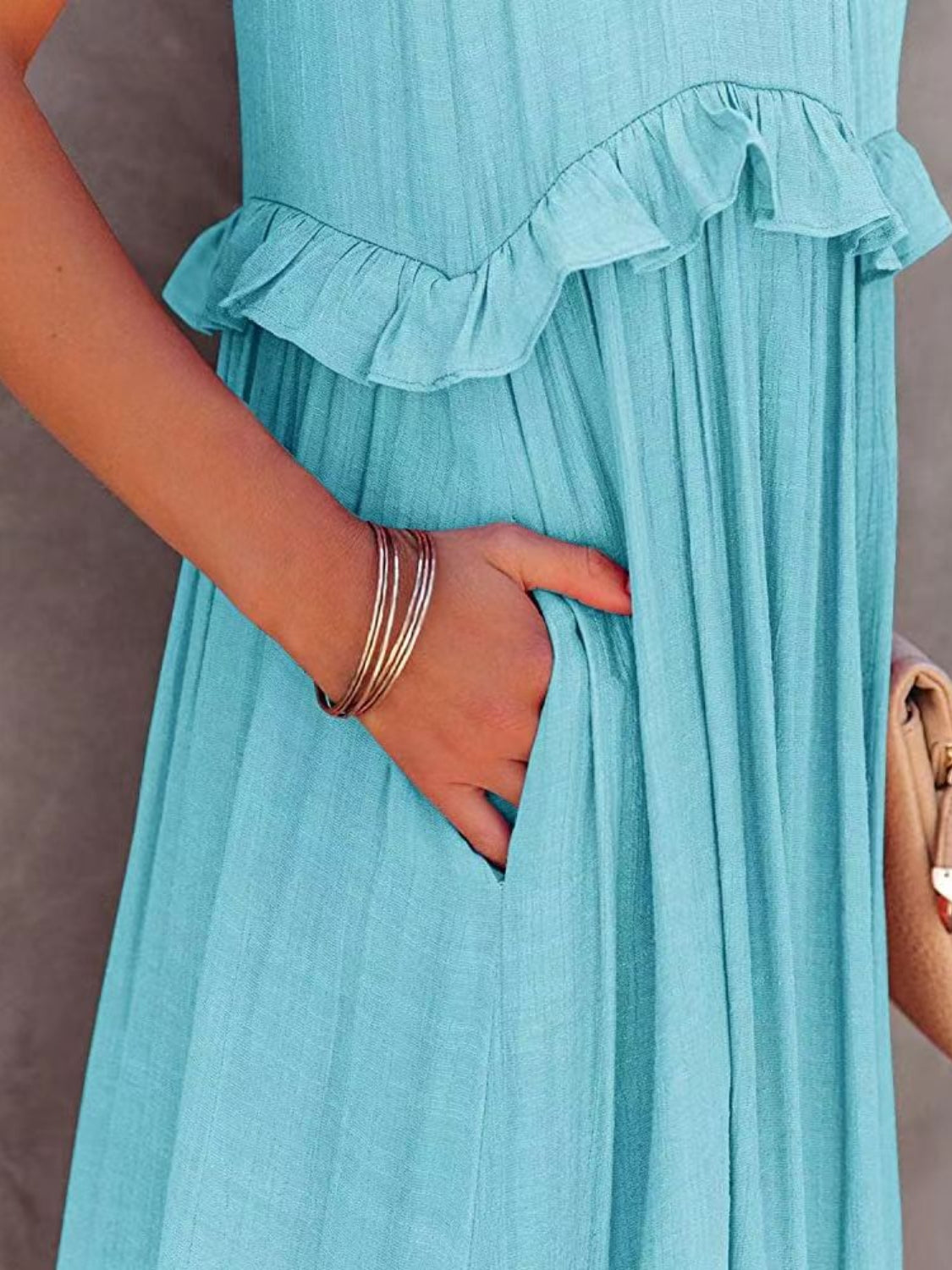 Thunder Chick Fitness Ruffled Sleeveless Tiered Maxi Dress with Pockets
