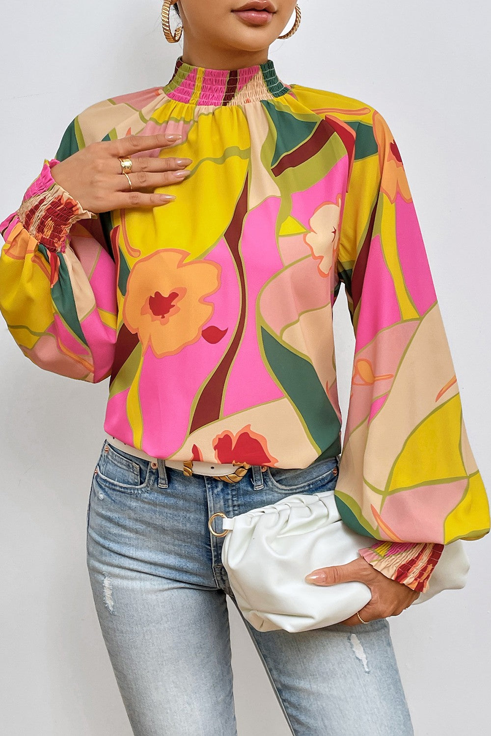 Thunder Chick Fitness Floral Smocked Lantern Sleeve Mock Neck Blouse