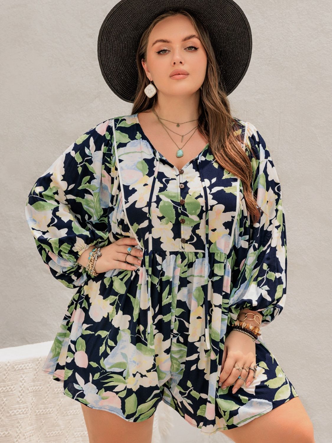 Thunder Chick Fitness Plus Size Tied Printed Long Sleeve Romper