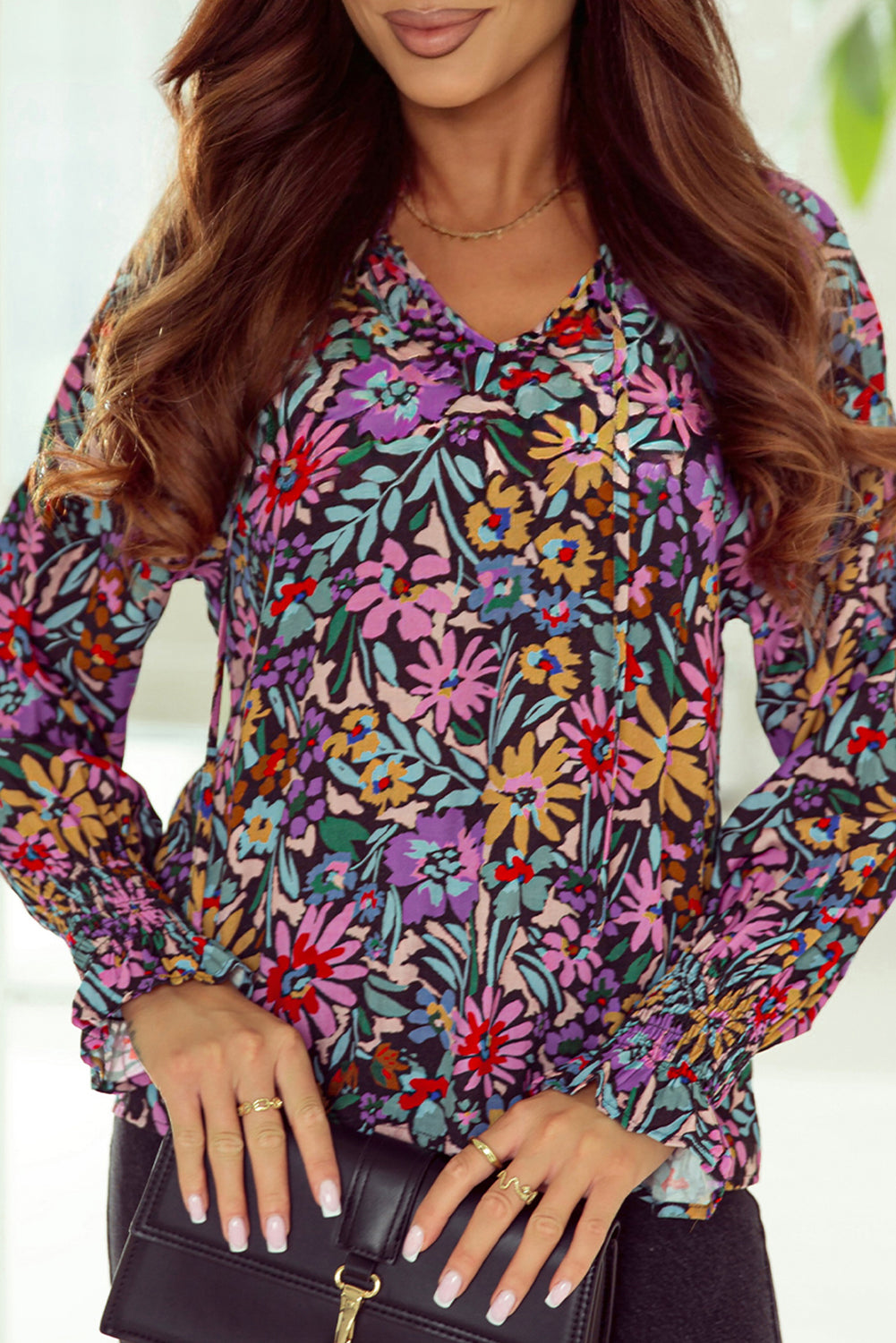 Thunder Chick Fitness Multicolour Plus Size Floral Smocked Cuffs V-Neck Blouse