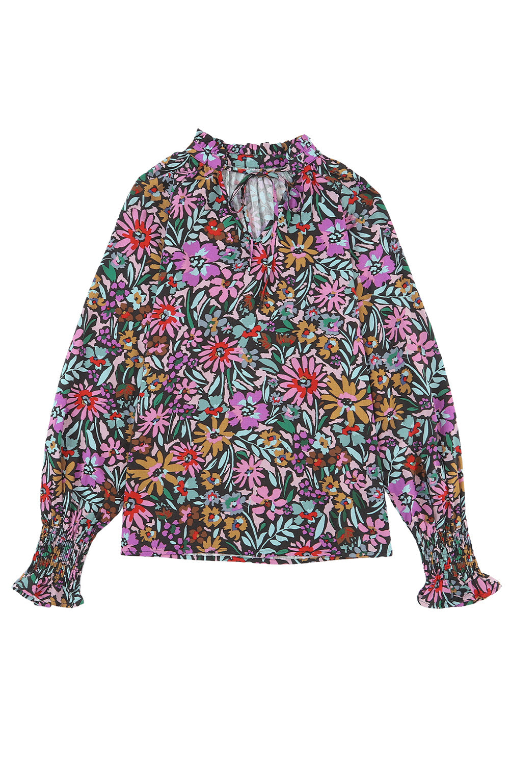 Thunder Chick Fitness Multicolour Plus Size Floral Smocked Cuffs V-Neck Blouse