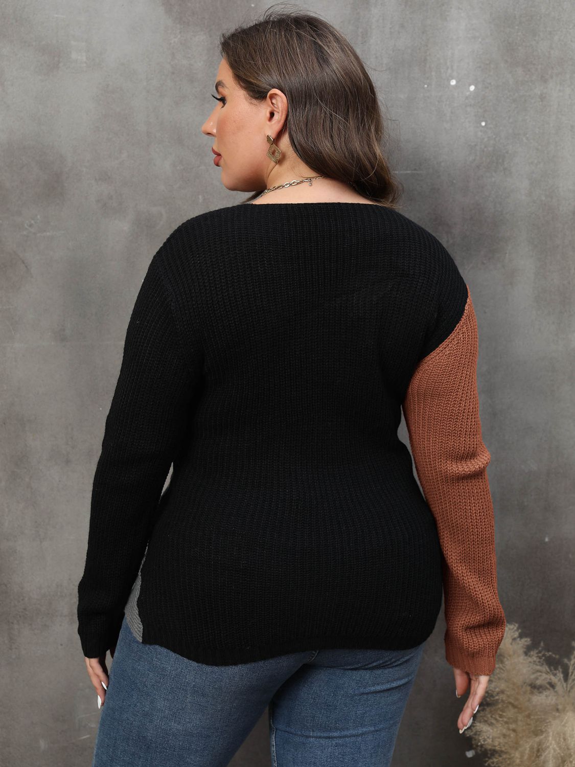 Brown and Black Plus Size Two-Tone Surplice Neck Sweater