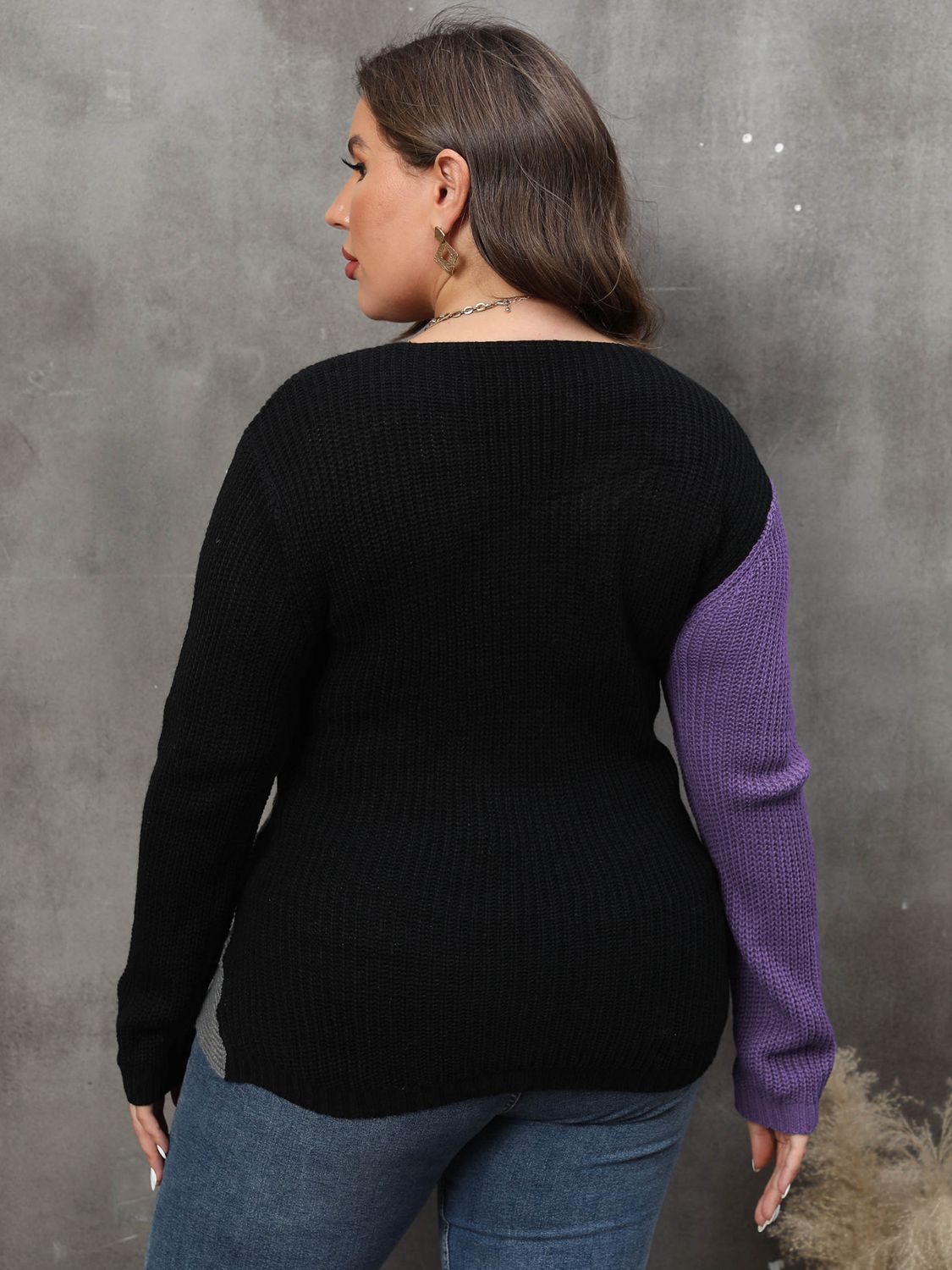 Purple and Black Plus Size Two-Tone Surplice Neck Sweater