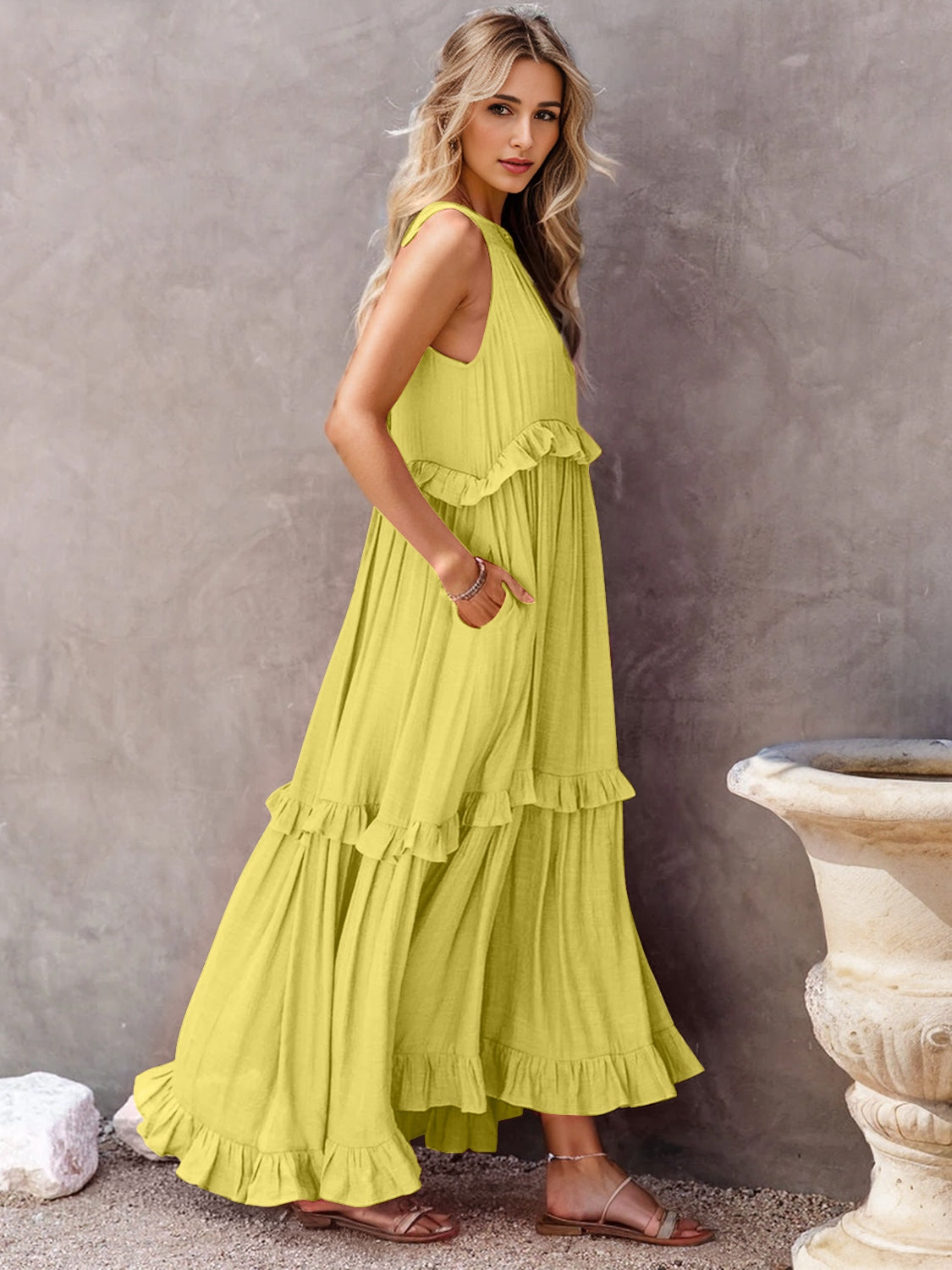 Thunder Chick Fitness Ruffled Sleeveless Tiered Maxi Dress with Pockets