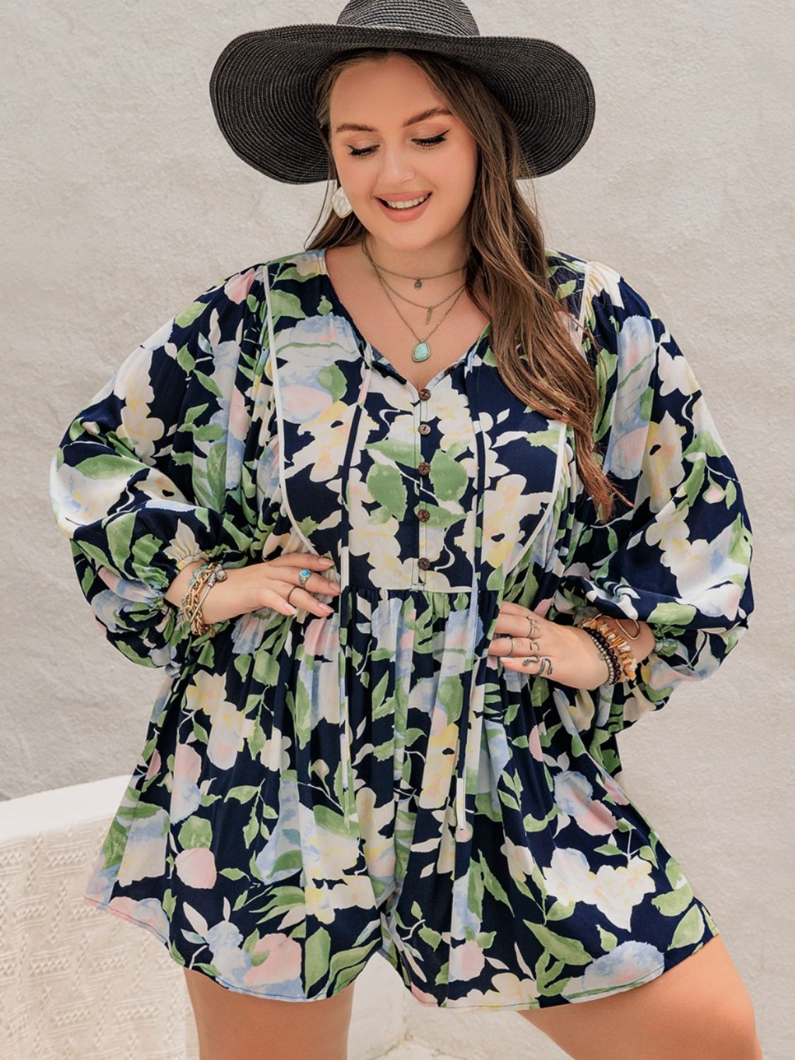 Thunder Chick Fitness Plus Size Tied Printed Long Sleeve Romper