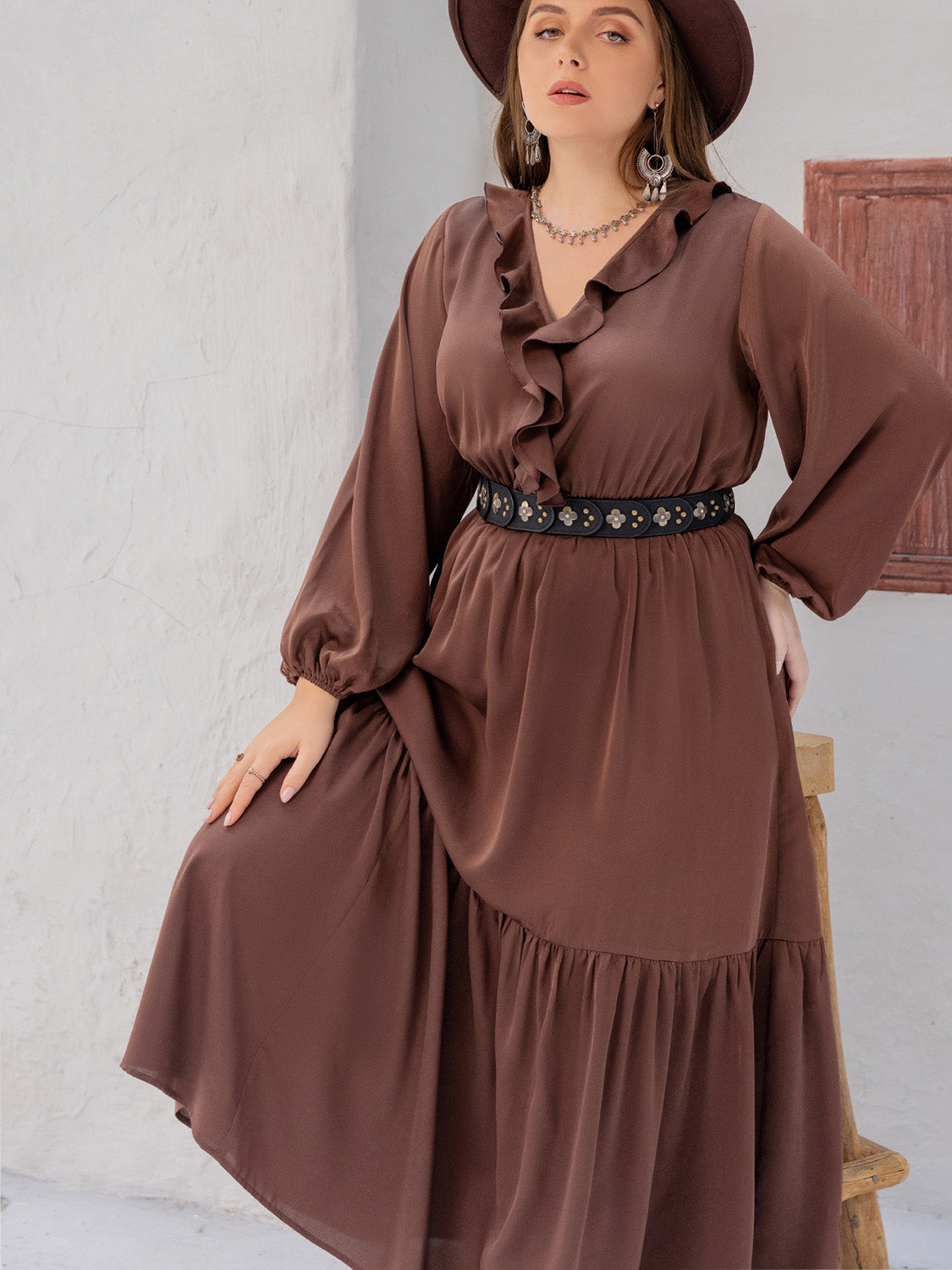 Brown Thunder Chick Fitness V-Neck Ruffle Trim Maxi Dress