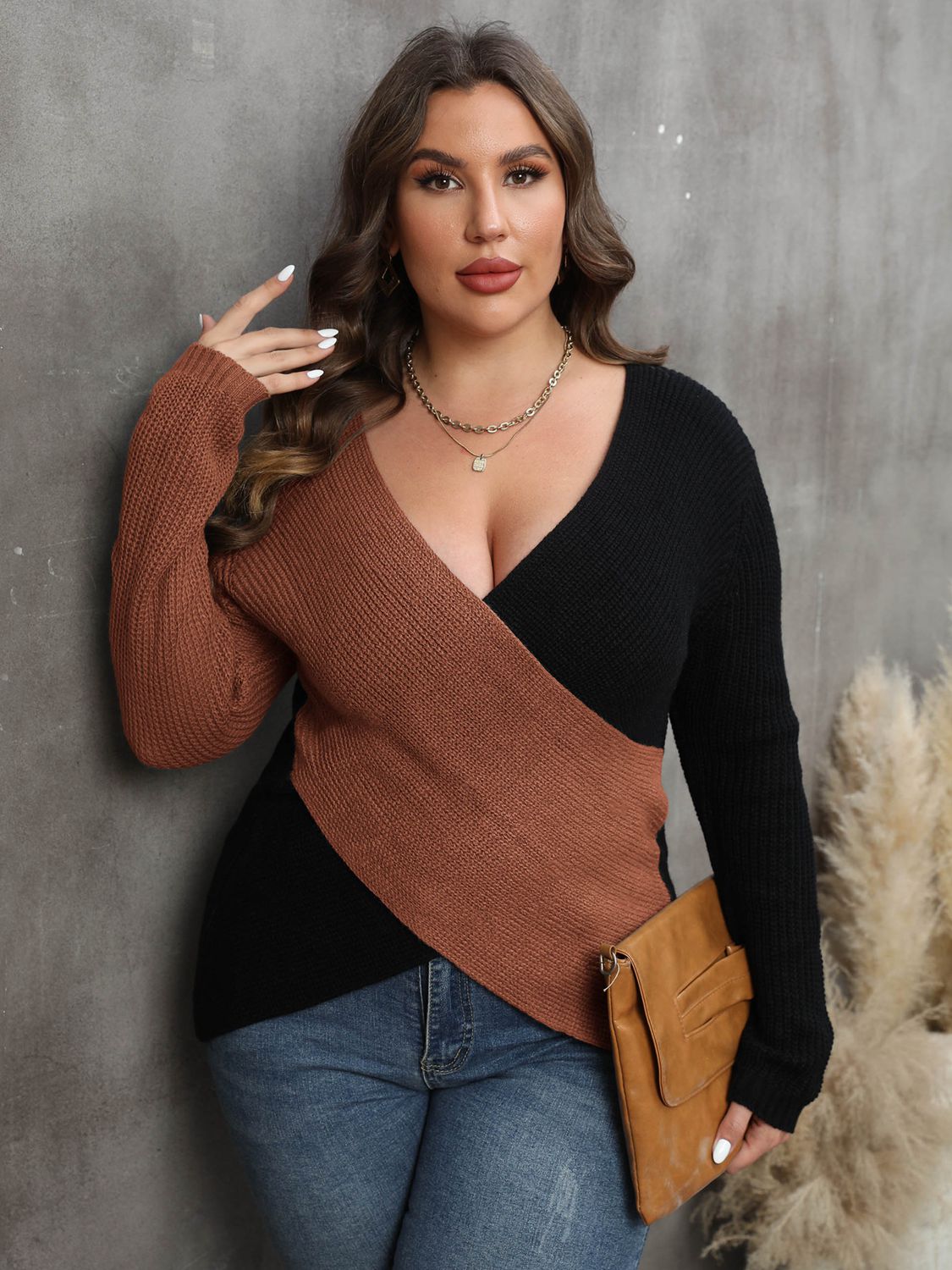 Brown and Black Plus Size Two-Tone Surplice Neck Sweater