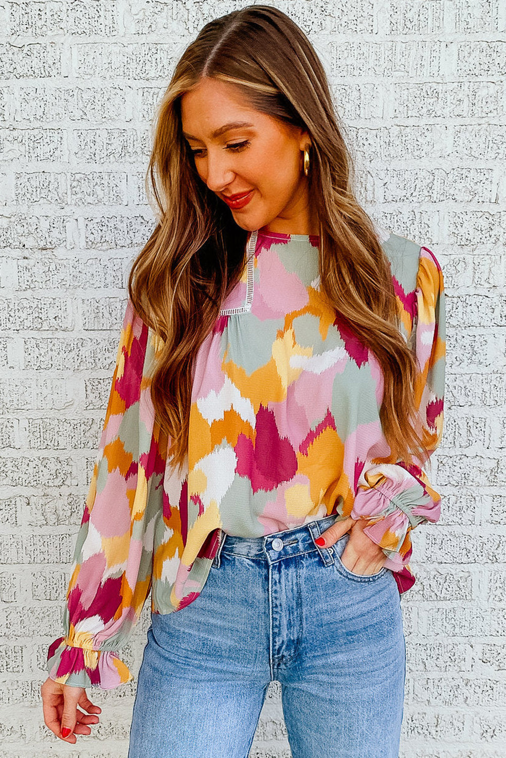 Thunder Chick Fitness Multicolour Plus Size Abstract Print Puff Sleeve Blouse