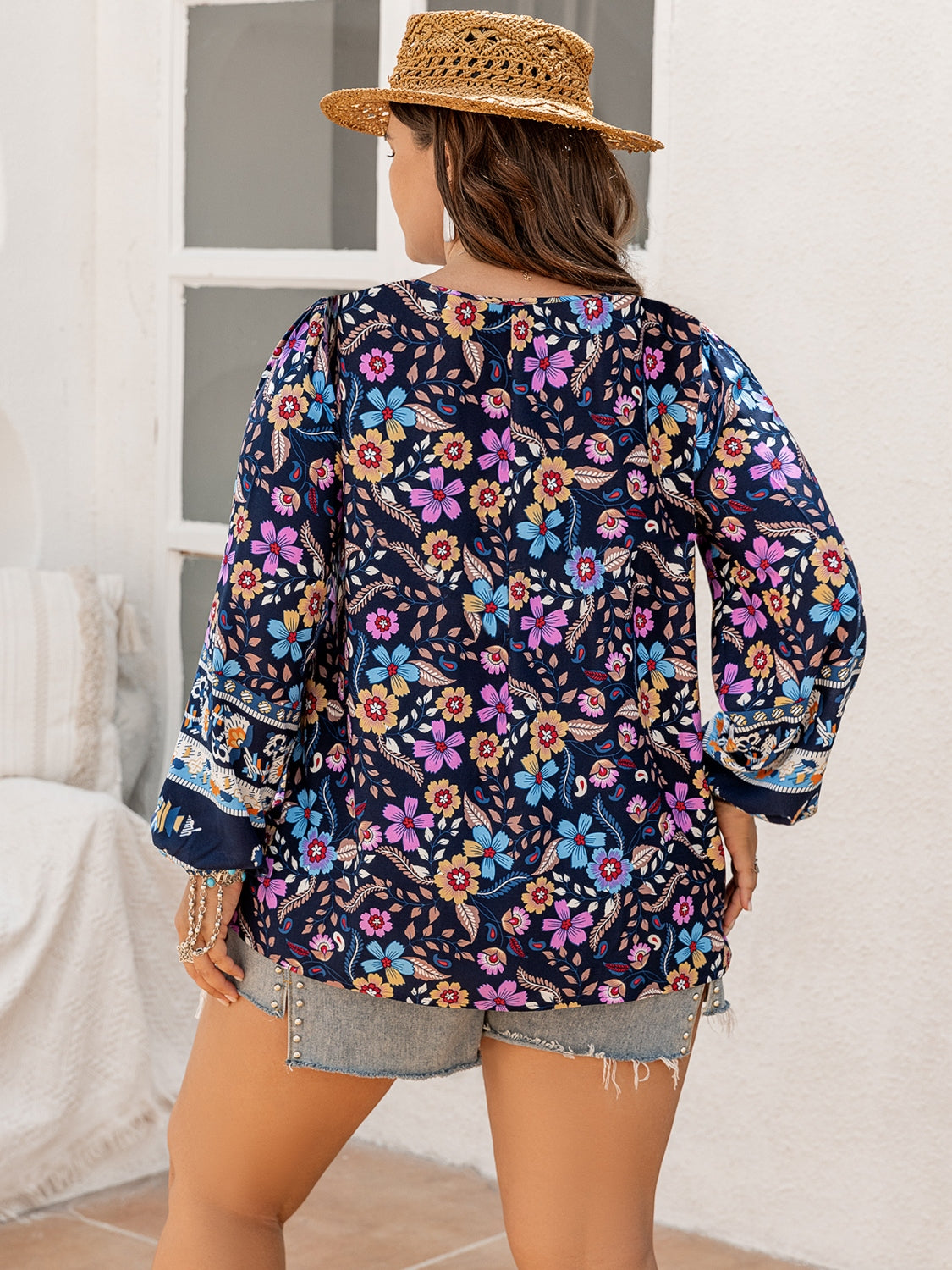Thunder Chick Fitness Plus Size Tie Neck Tassel Printed Blouse
