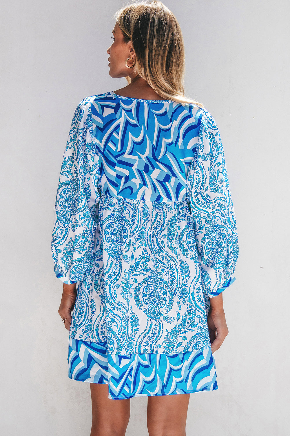 Blue Bohemian Print Puff Sleeve Tied V Neck Flared Mini Dress