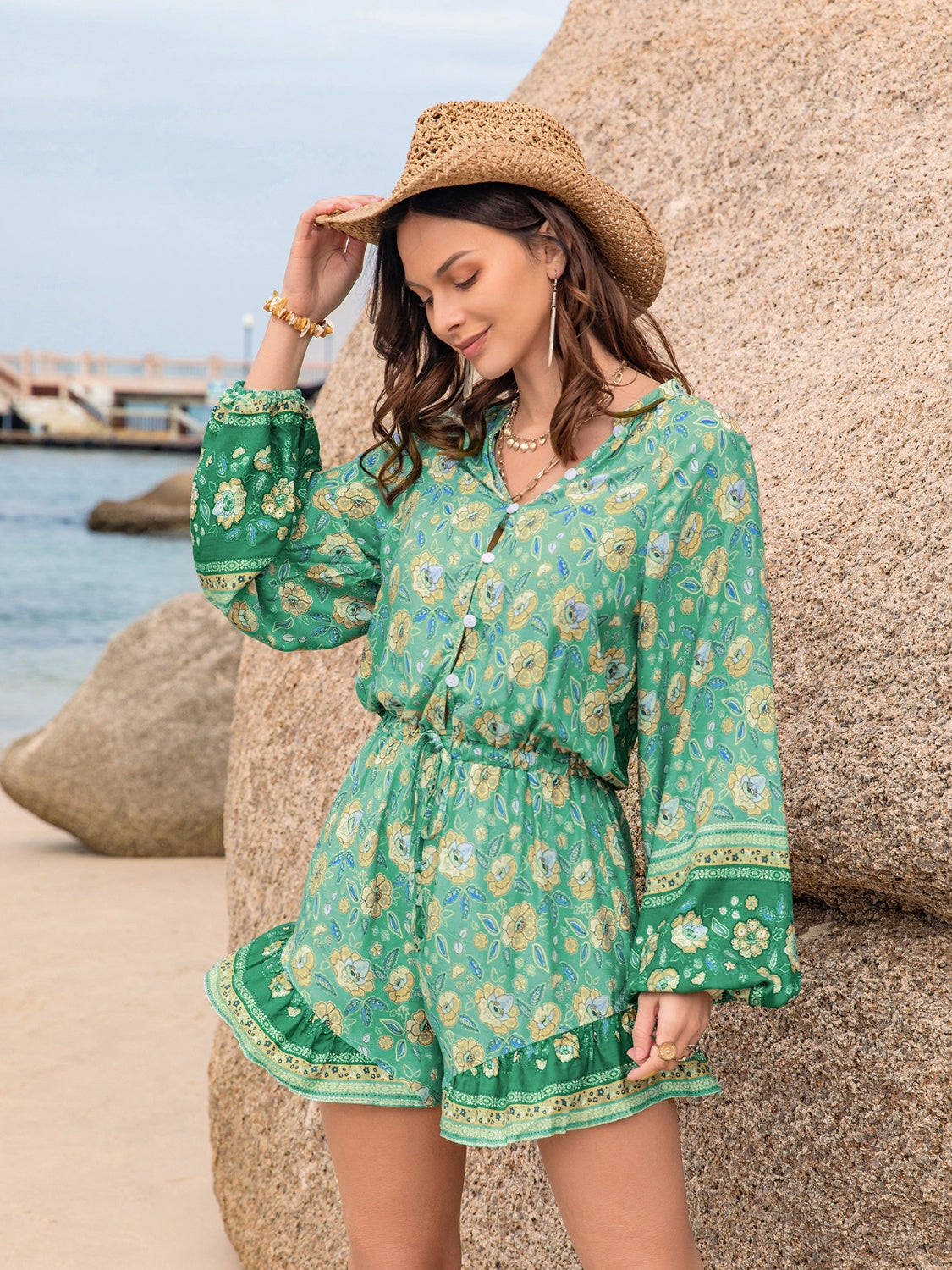 Thunder Chick Fitness Printed Ruffled Balloon Sleeve Romper