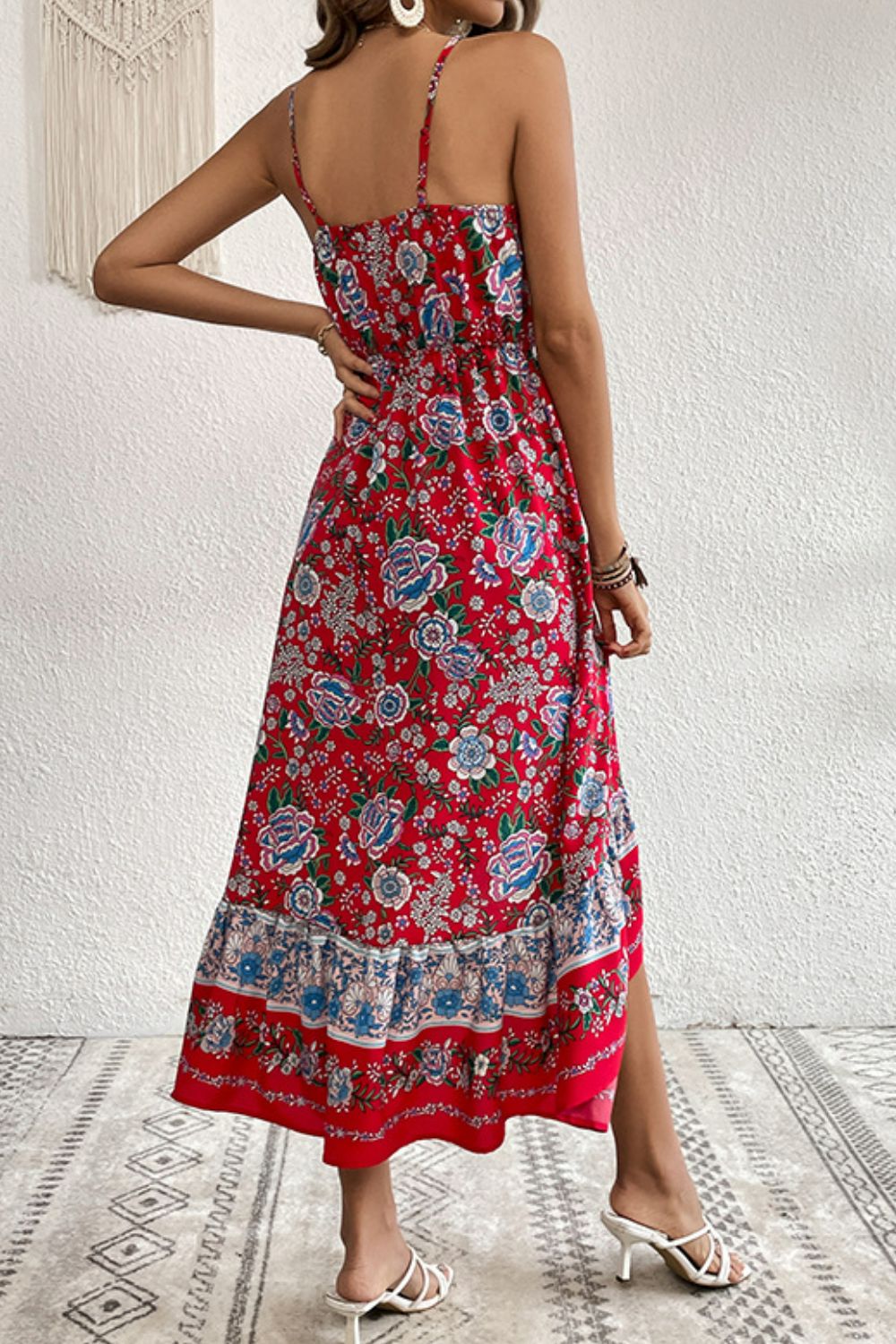 Red Perfee Bohemian Decorative Button Spaghetti Strap Dress