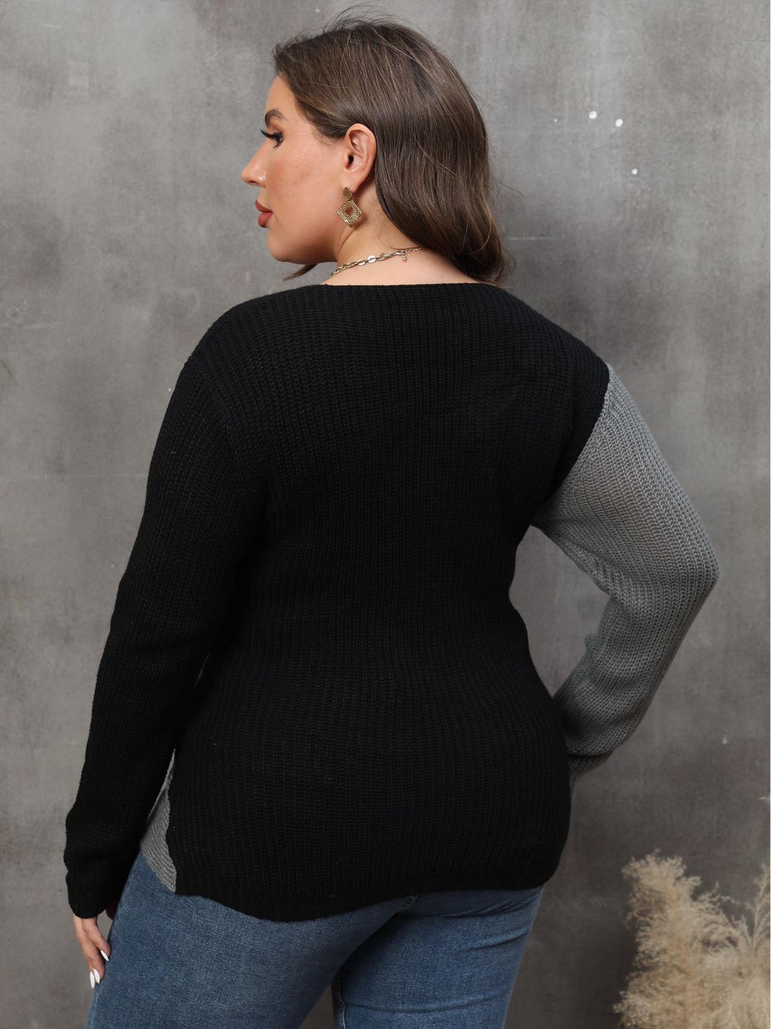 Grey and Black Plus Size Two-Tone Surplice Neck Sweater