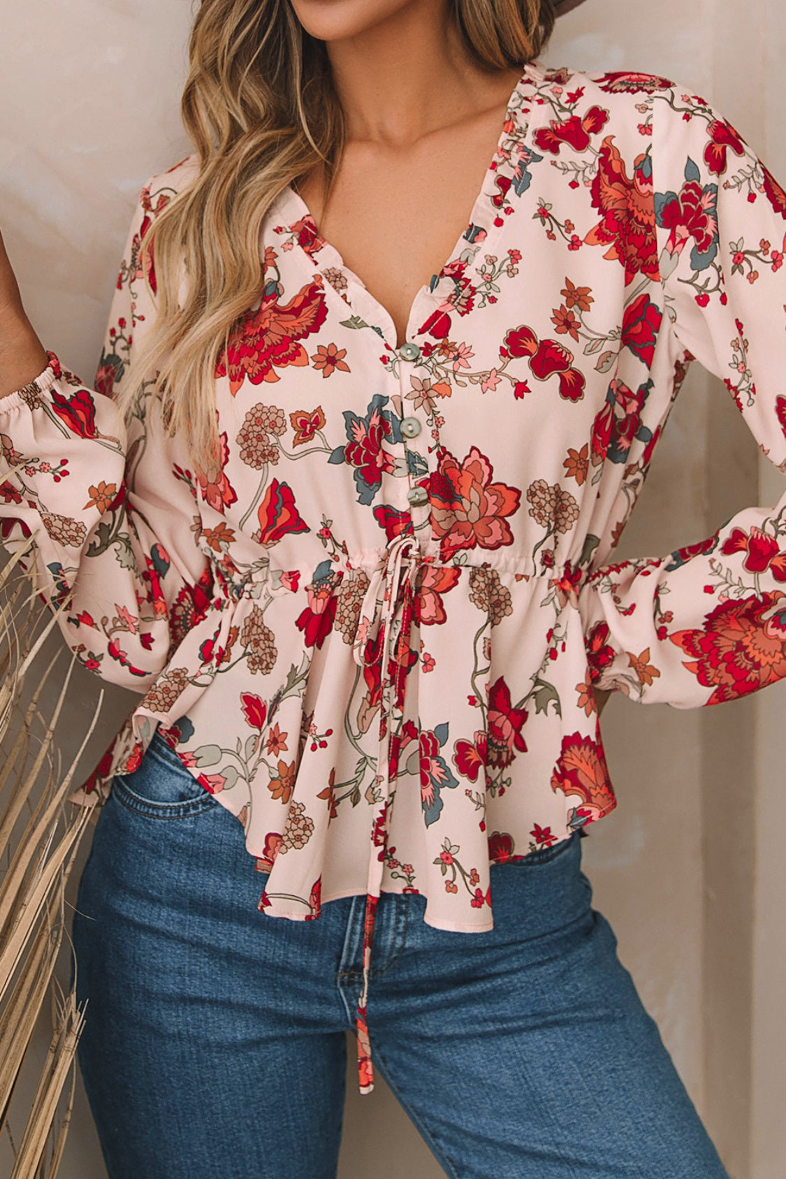 Thunder Chick Fitness Floral V-Neck Drawstring Peplum Blouse