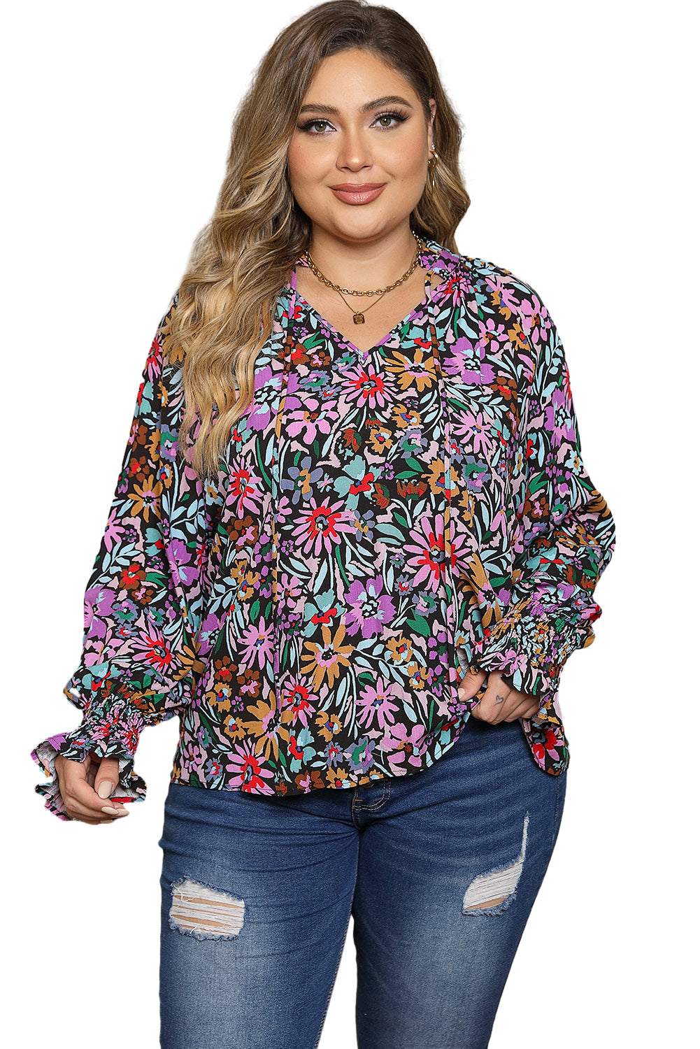 Thunder Chick Fitness Multicolour Plus Size Floral Smocked Cuffs V-Neck Blouse