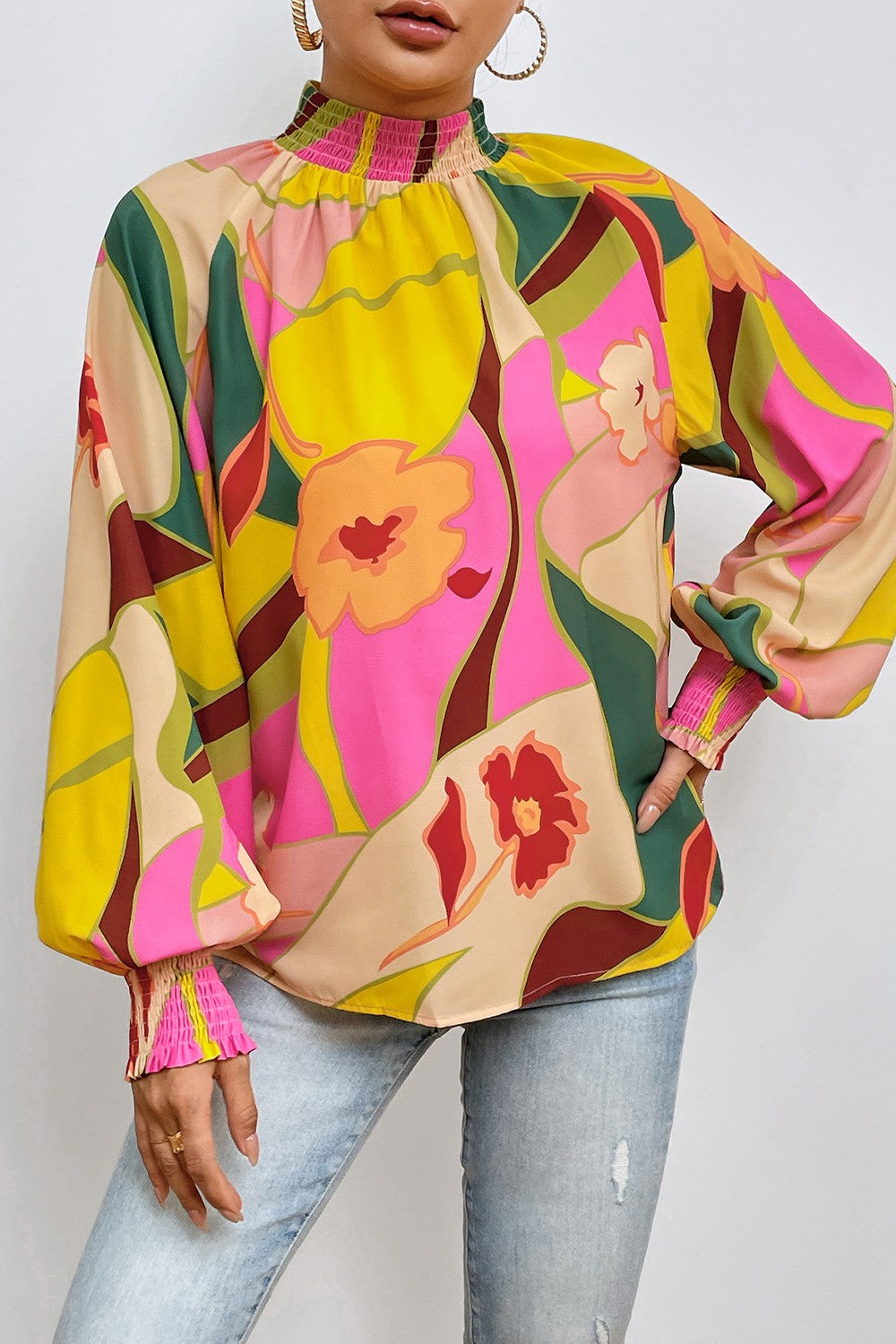 Thunder Chick Fitness Floral Smocked Lantern Sleeve Mock Neck Blouse