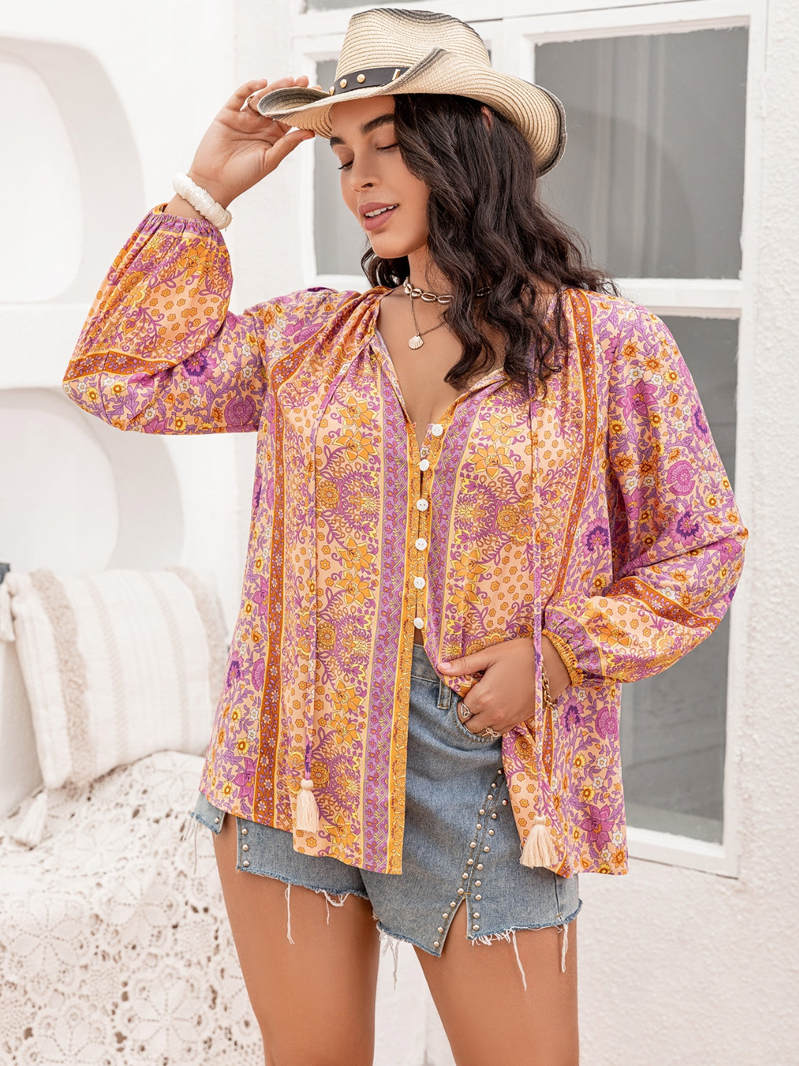 Thunder Chick Fitness Plus Size Tie Neck Tassel Printed Blouse