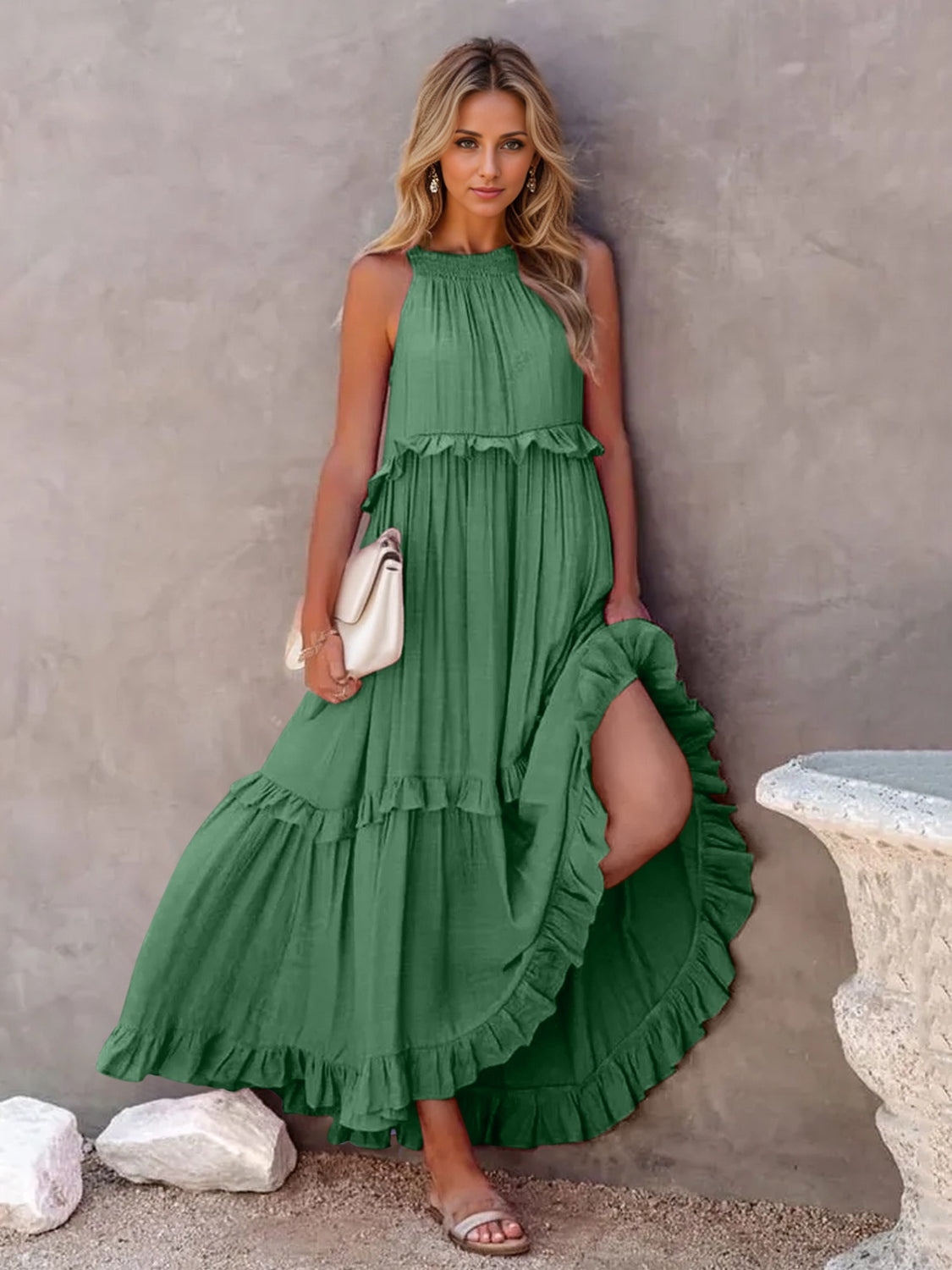 Thunder Chick Fitness Ruffled Sleeveless Tiered Maxi Dress with Pockets