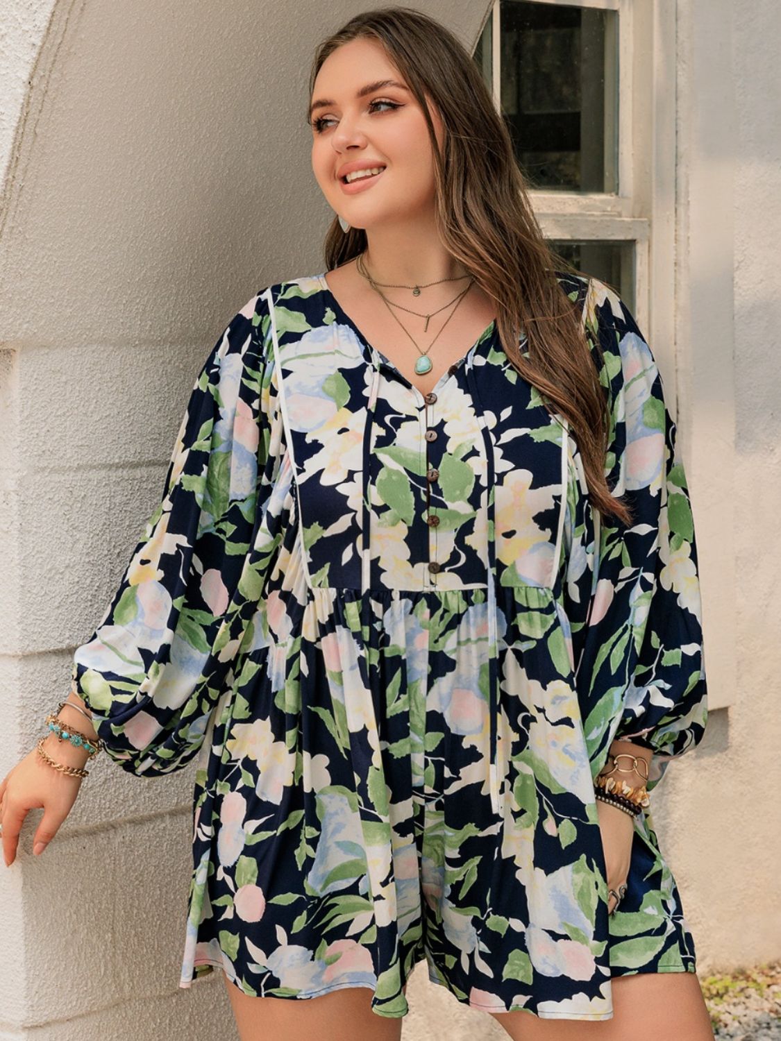 Thunder Chick Fitness Plus Size Tied Printed Long Sleeve Romper