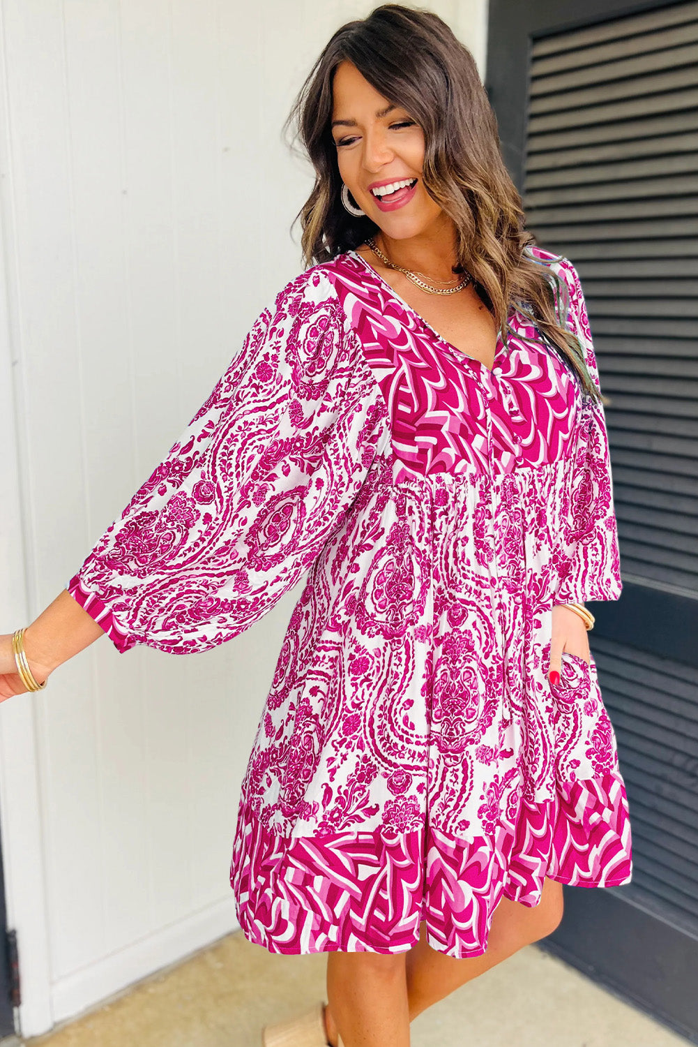 Pink Bohemian Print Puff Sleeve Tied V Neck Flared Mini Dress