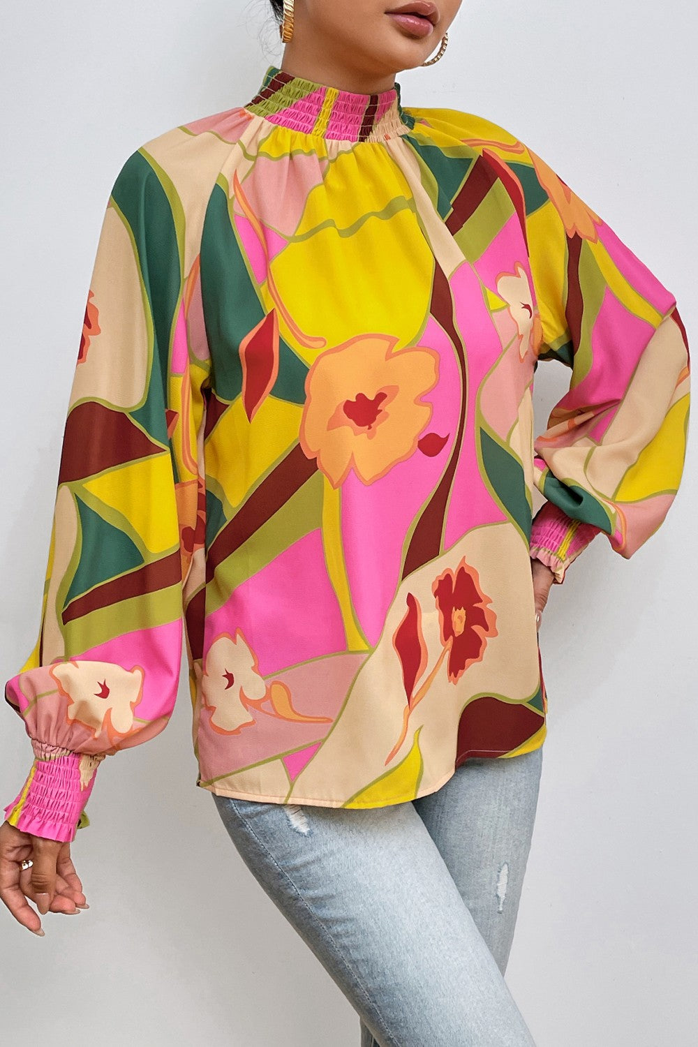Thunder Chick Fitness Floral Smocked Lantern Sleeve Mock Neck Blouse
