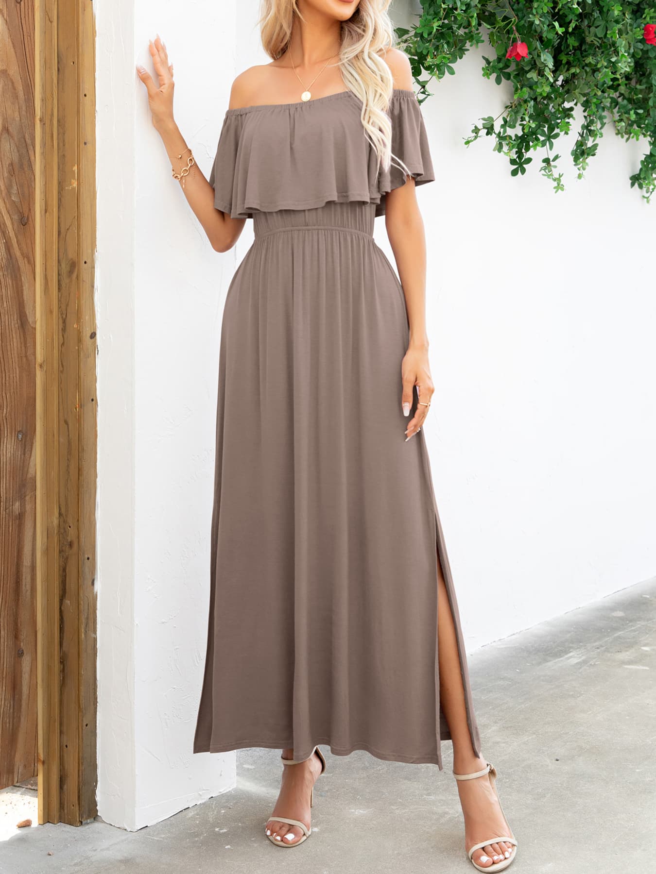 Thunder Chick Fitness Off-Shoulder Slit Maxi Dress