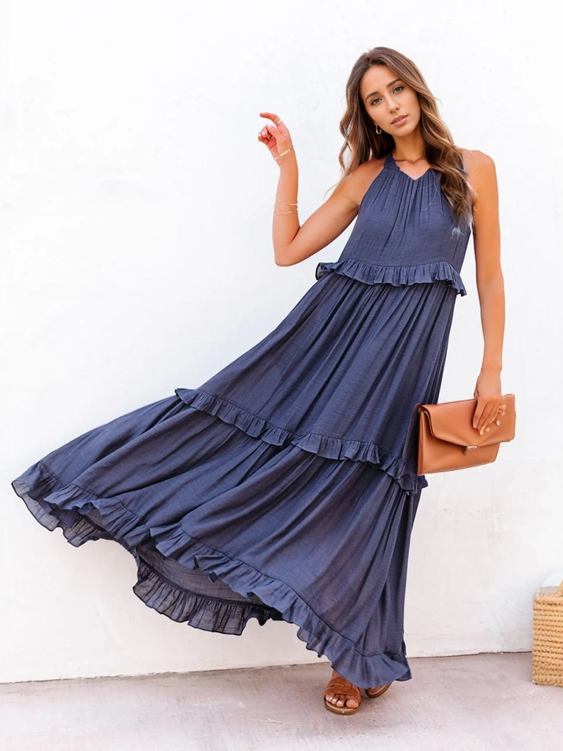 Thunder Chick Fitness Ruffled Sleeveless Tiered Maxi Dress with Pockets
