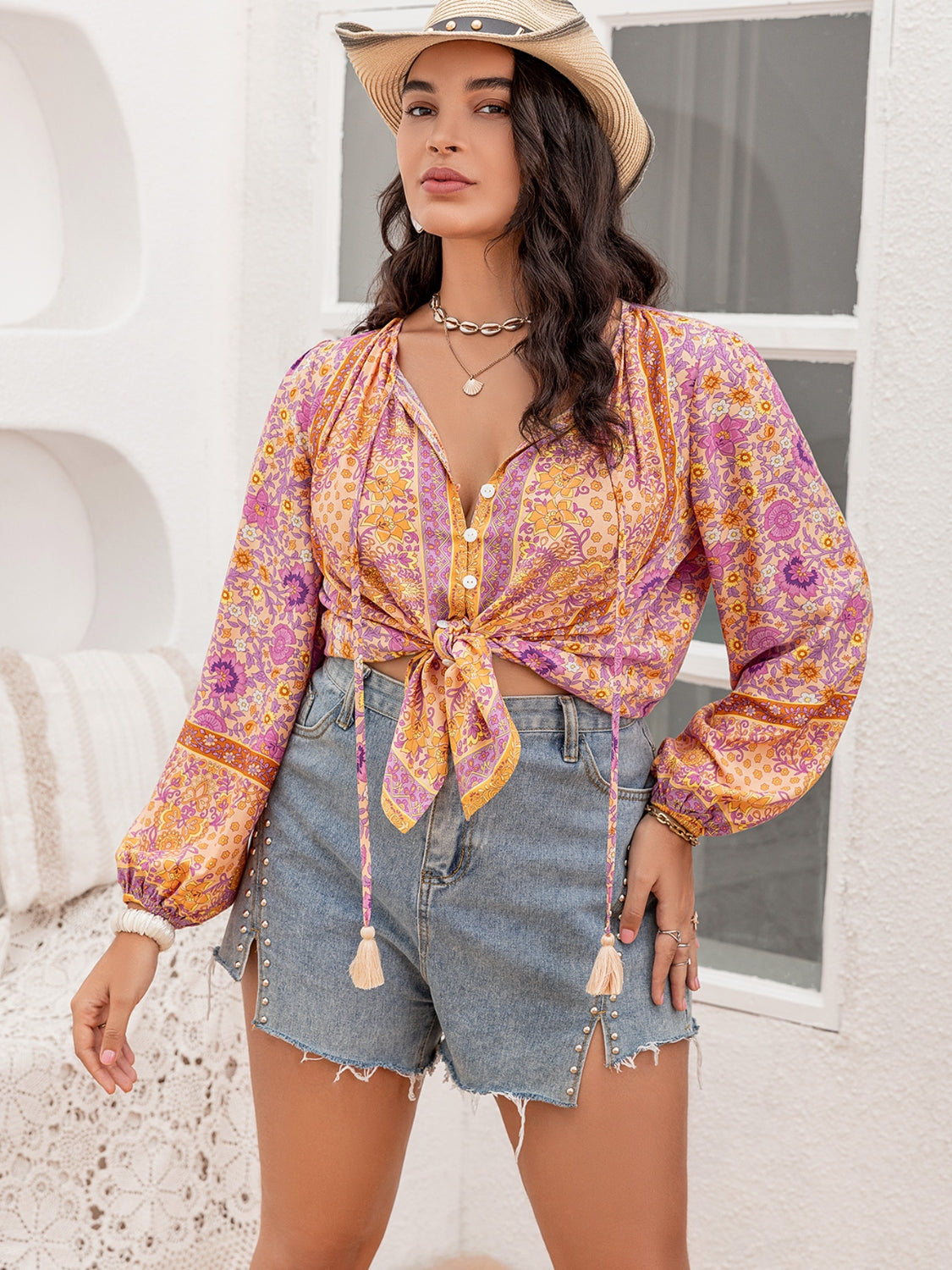 Thunder Chick Fitness Plus Size Tie Neck Tassel Printed Blouse