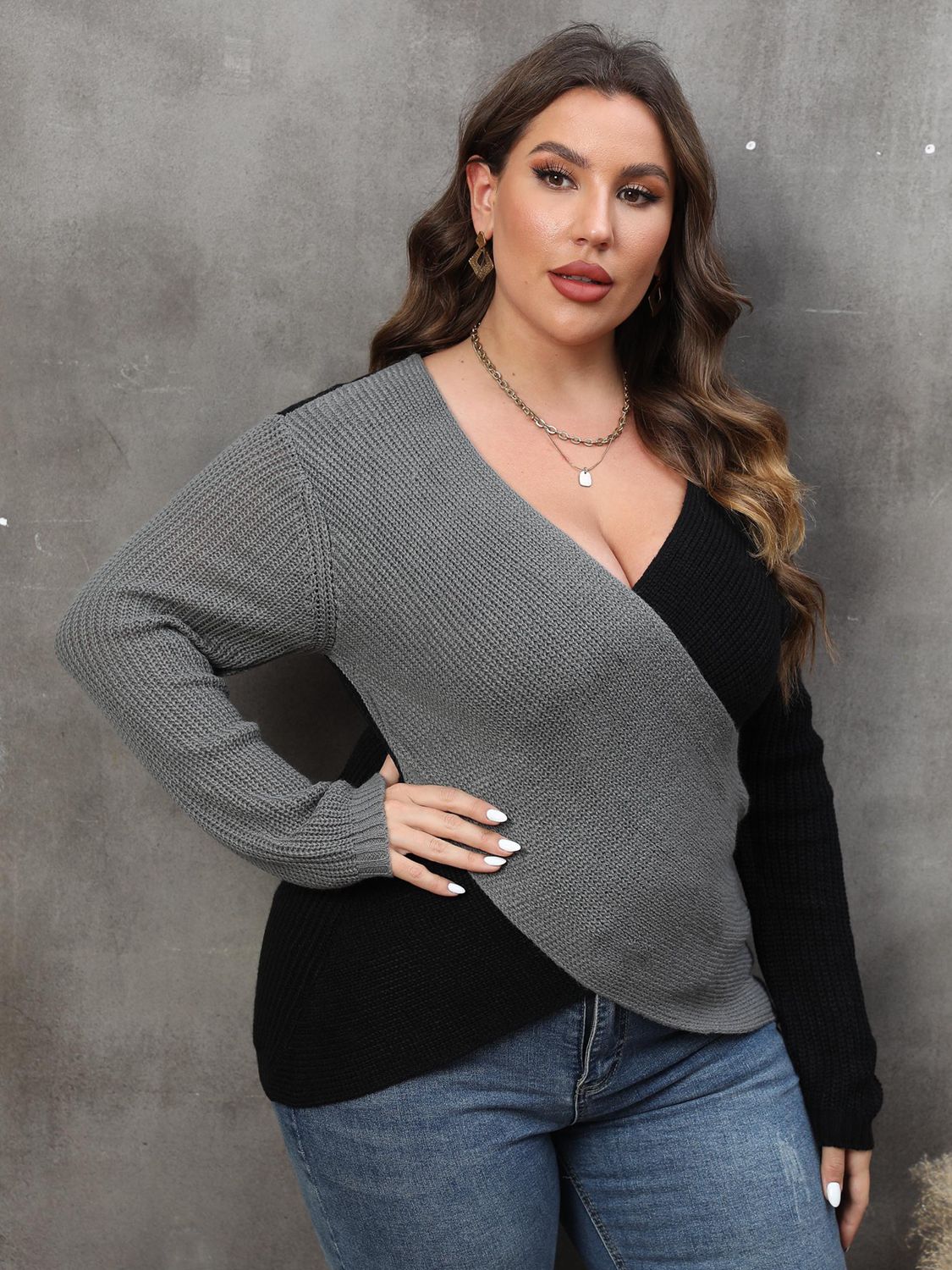 Grey and Black Plus Size Two-Tone Surplice Neck Sweater