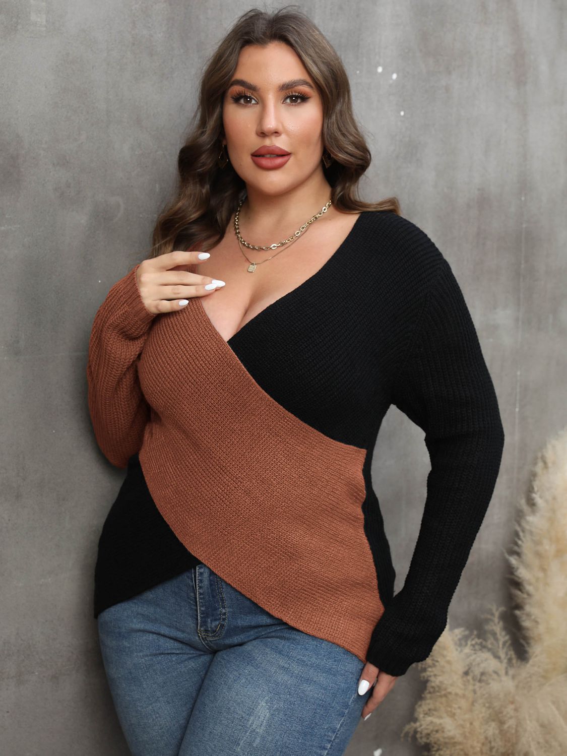 Brown and Black Plus Size Two-Tone Surplice Neck Sweater