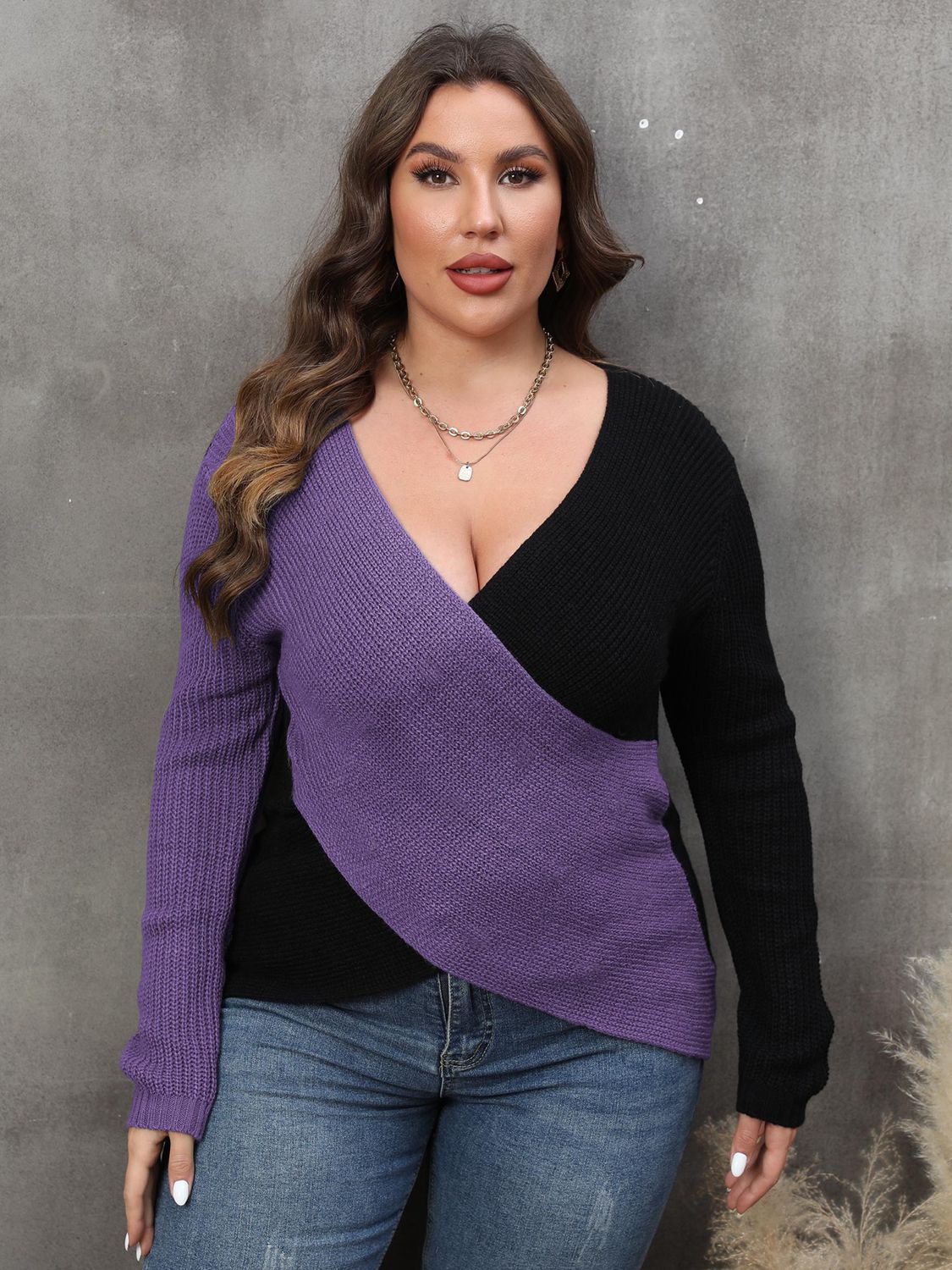 Purple and Black Plus Size Two-Tone Surplice Neck Sweater