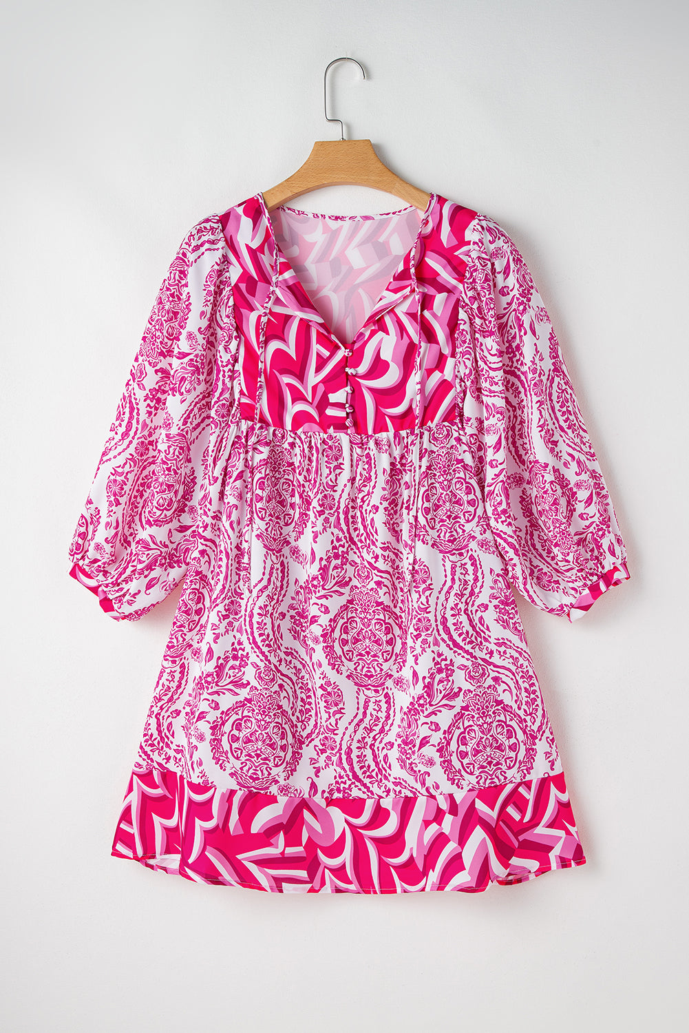 Pink Bohemian Print Puff Sleeve Tied V Neck Flared Mini Dress