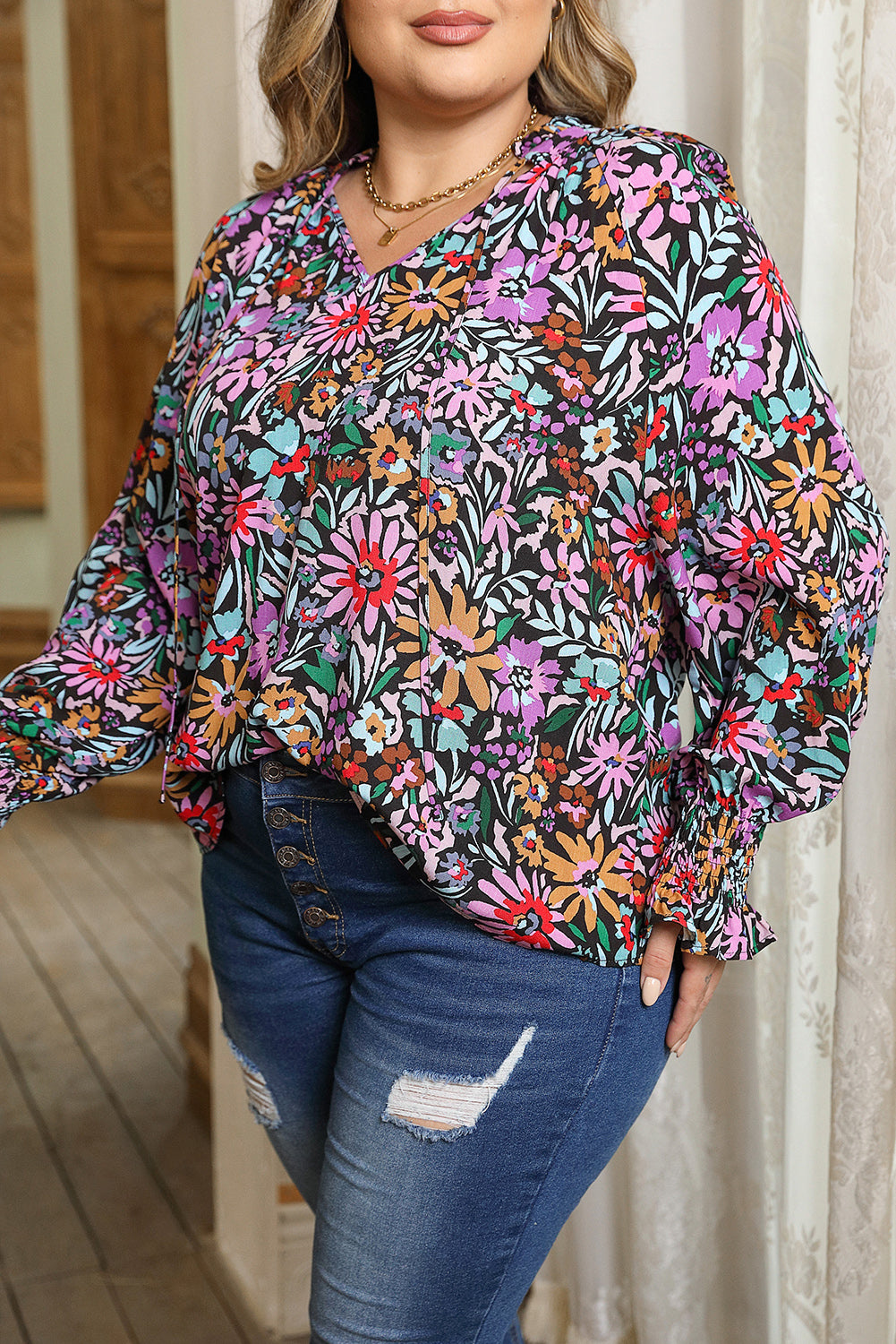 Thunder Chick Fitness Multicolour Plus Size Floral Smocked Cuffs V-Neck Blouse