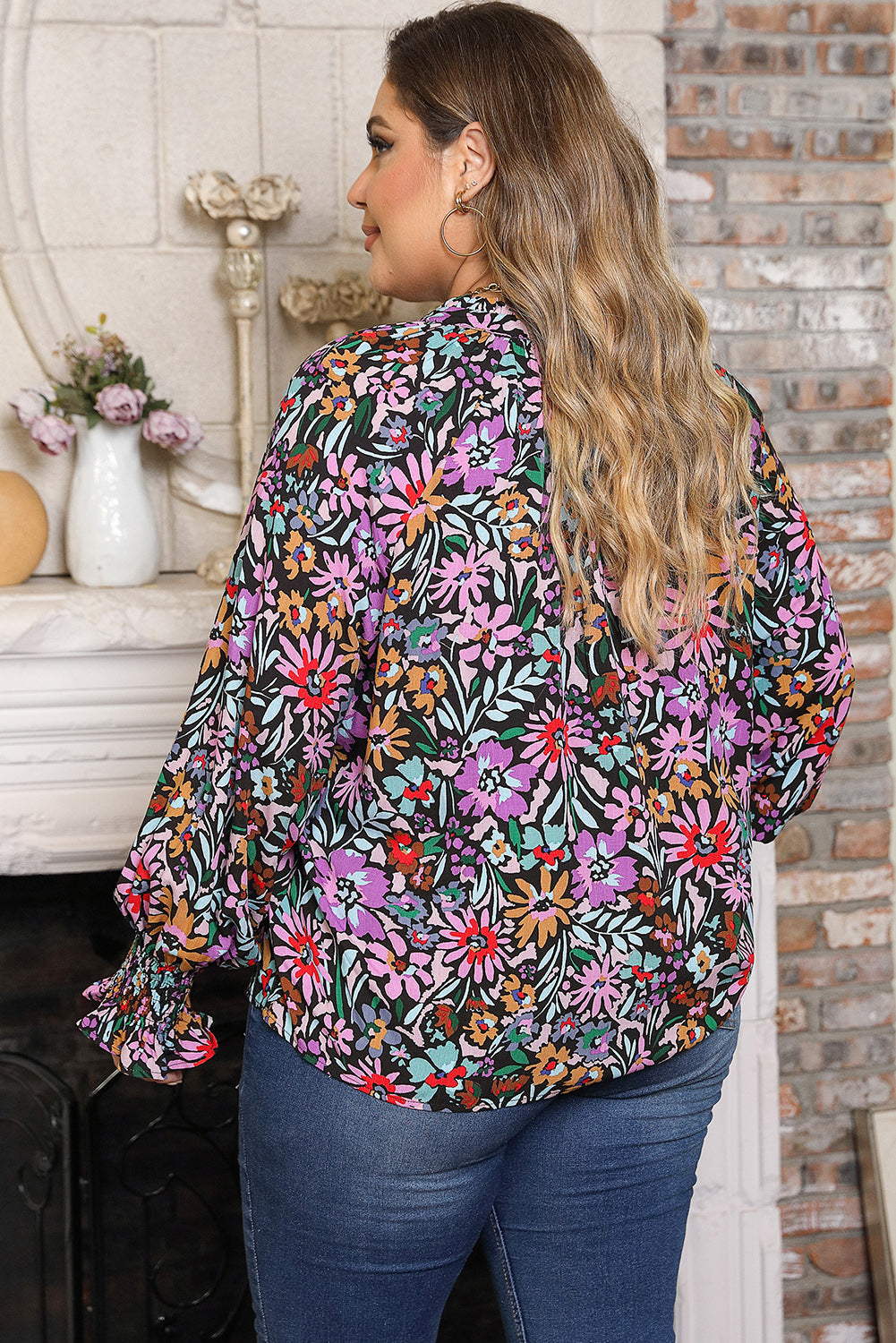Thunder Chick Fitness Multicolour Plus Size Floral Smocked Cuffs V-Neck Blouse