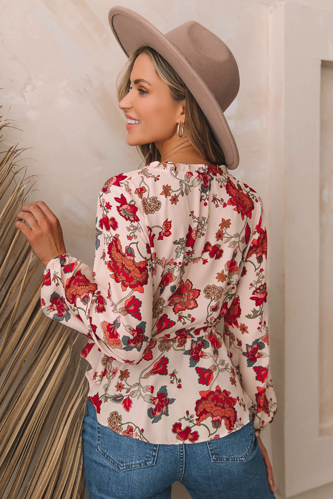 Thunder Chick Fitness Floral V-Neck Drawstring Peplum Blouse