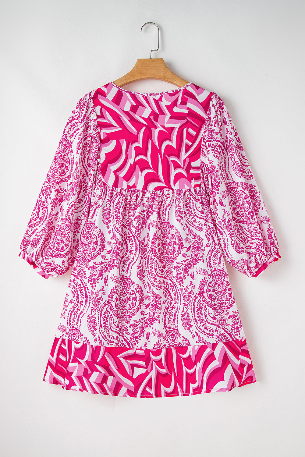 Pink Bohemian Print Puff Sleeve Tied V Neck Flared Mini Dress