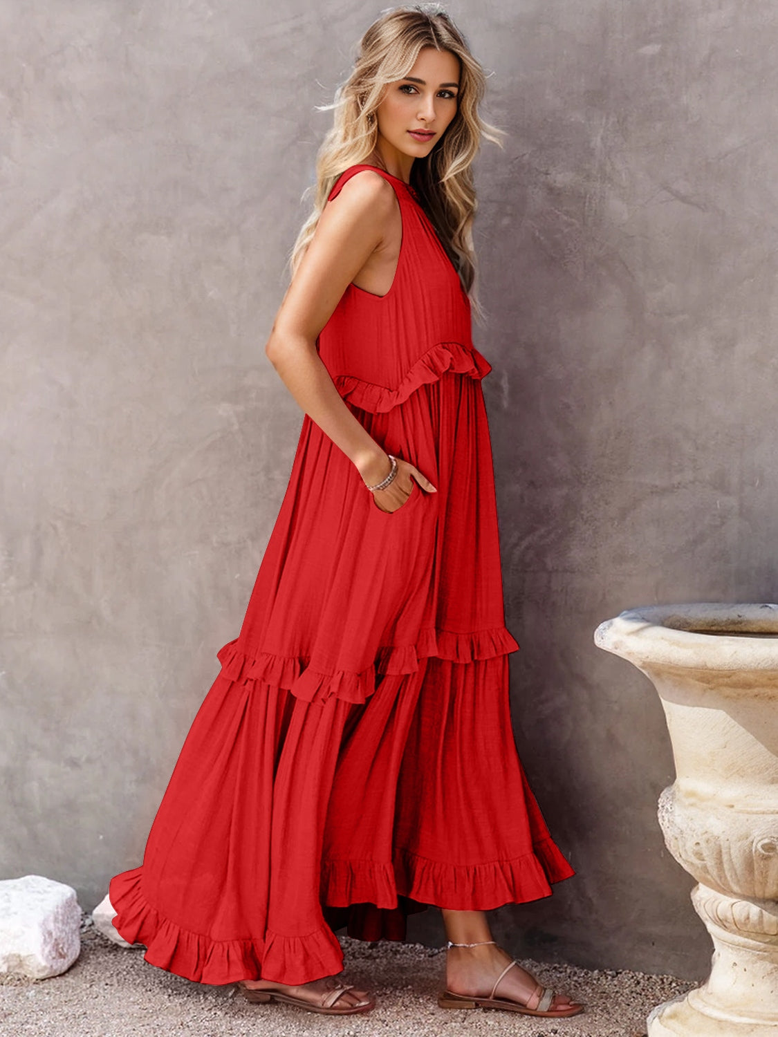 Thunder Chick Fitness Ruffled Sleeveless Tiered Maxi Dress with Pockets