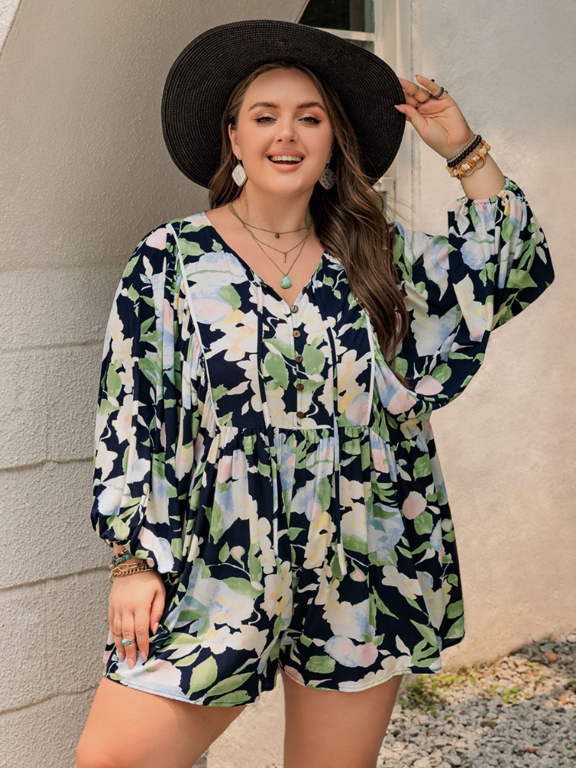 Thunder Chick Fitness Plus Size Tied Printed Long Sleeve Romper