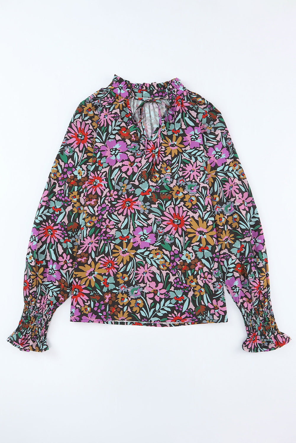 Thunder Chick Fitness Multicolour Plus Size Floral Smocked Cuffs V-Neck Blouse