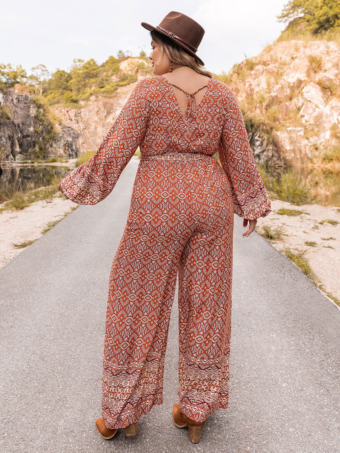 Thunder Chick Fitness Plus Size Printed V-Neck Tie Front Balloon Sleeve Jumpsuit