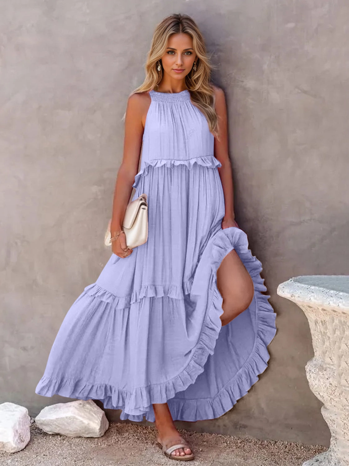 Thunder Chick Fitness Ruffled Sleeveless Tiered Maxi Dress with Pockets