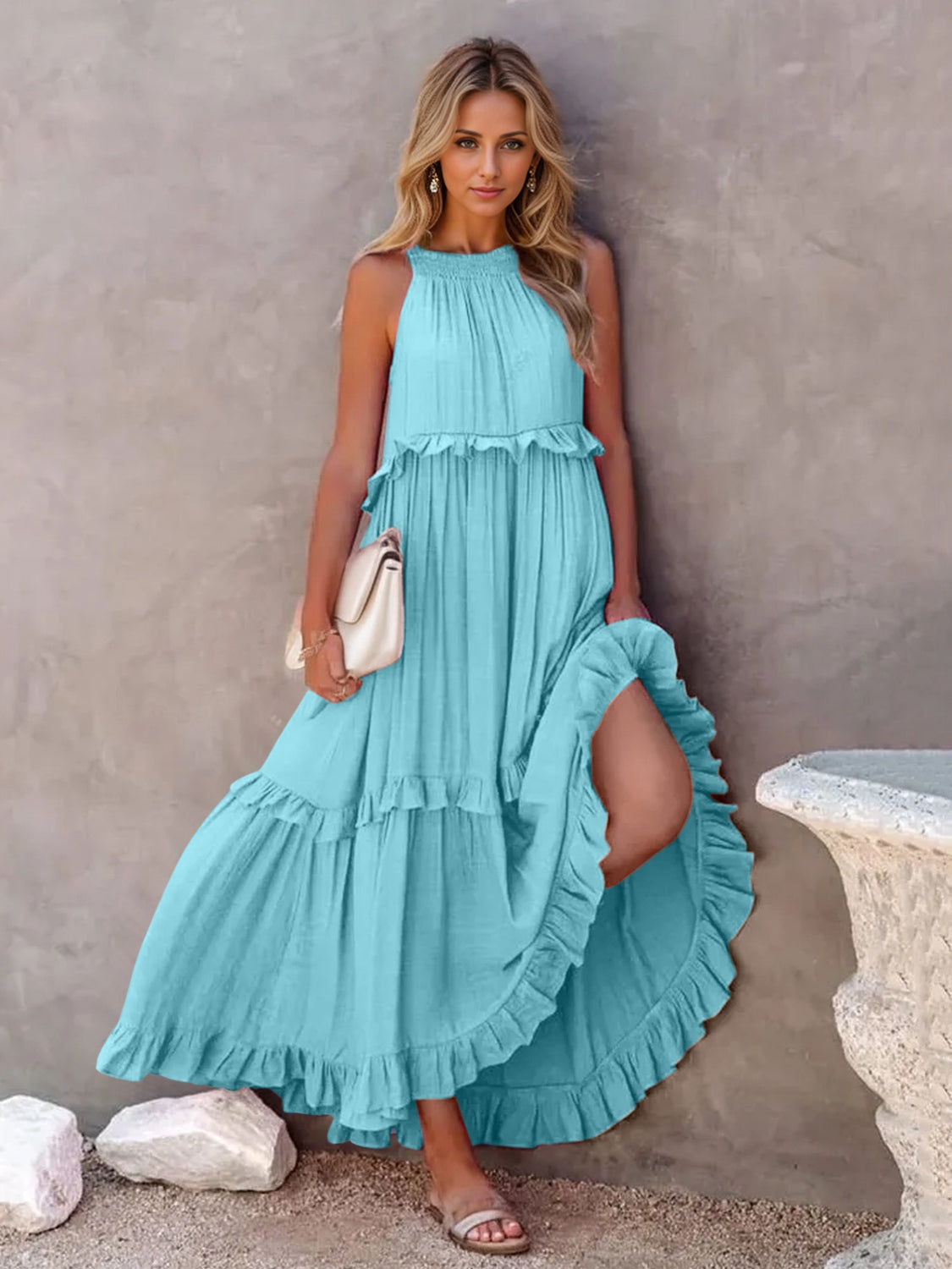 Thunder Chick Fitness Ruffled Sleeveless Tiered Maxi Dress with Pockets